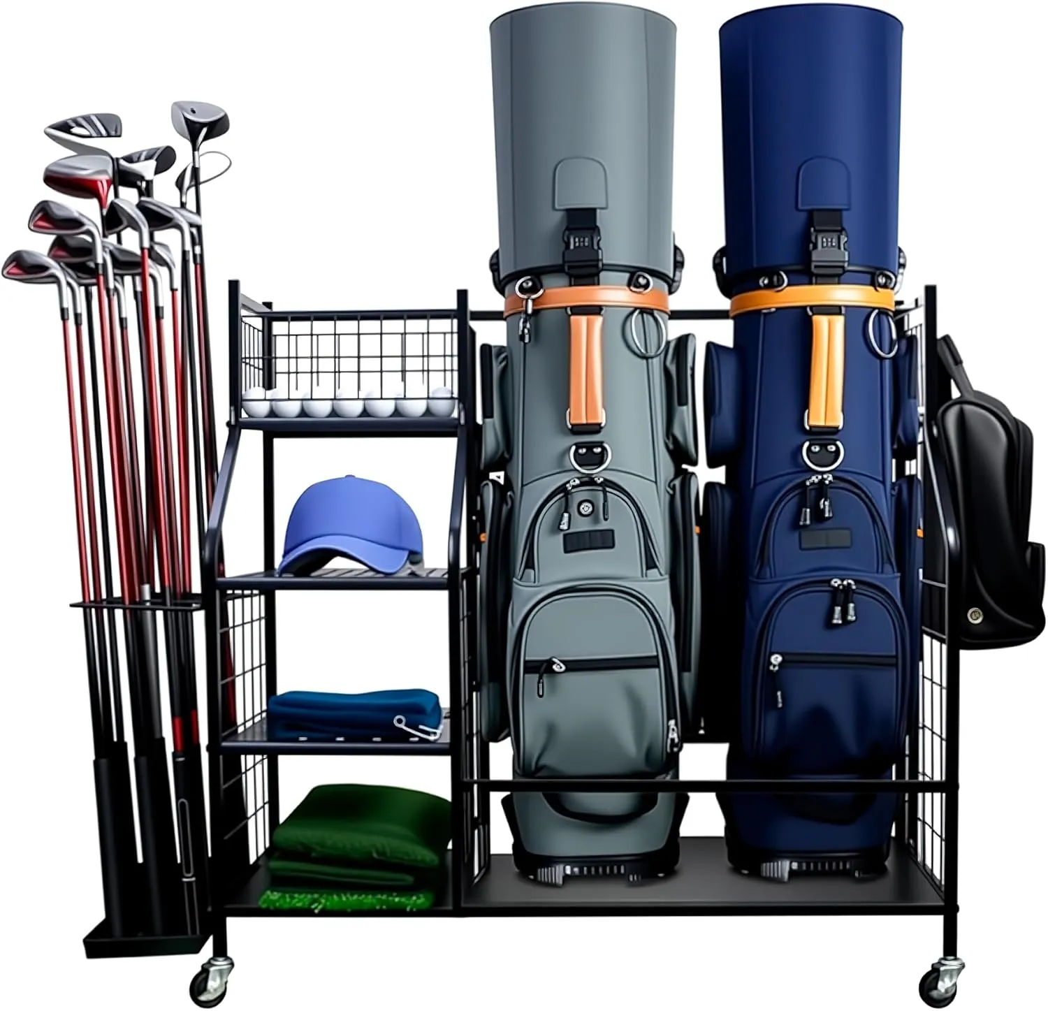 Golf Bag Storage Garage Organizer, Portable Golf Storage Rack Fit for 2 Bag with Lockable Wheels, Golf Bag Stand Fit for Extra Clubs, Balls, Shoes and Golf Equipment Accessories