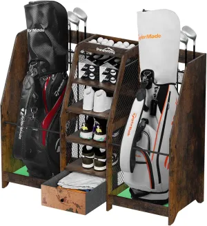Golf Bag Storage Organizer for Garage, Premium Wooden 2 Golf Bags Rack with Drawer, Easy Assemble Club Stand/Holder Suitable for Garage Home Simulator and Office