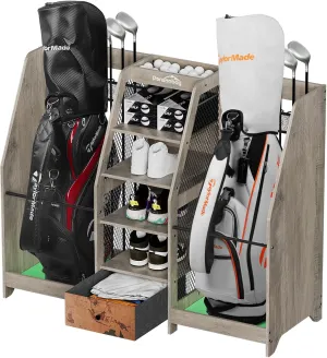 Golf Bag Storage Organizer for Garage, Premium Wooden 2 Golf Bags Rack with Drawer, Easy Assemble Golf Club Stand/Holder Suitable for Garage Home Simulator and Office