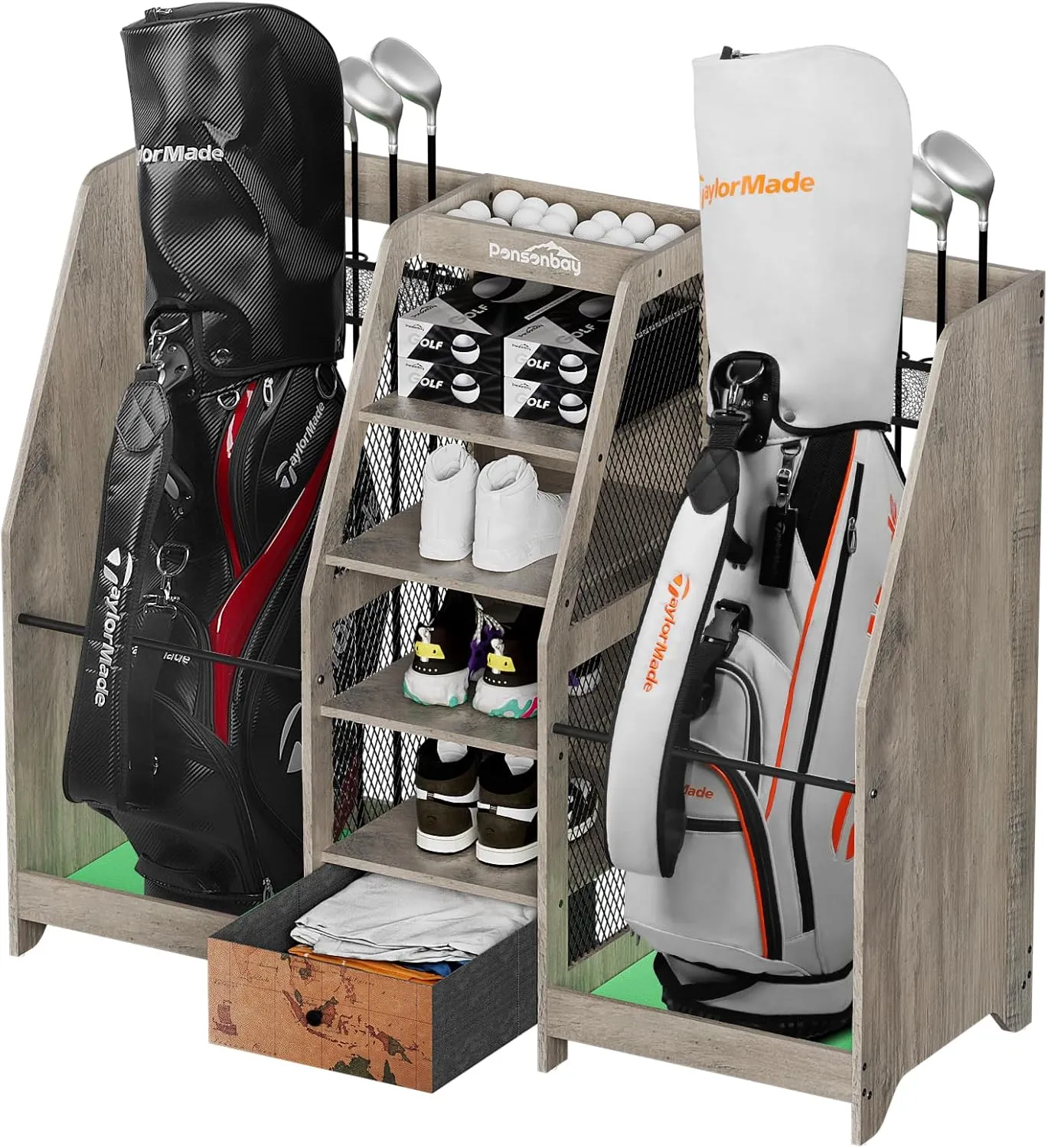 Golf Bag Storage Organizer for Garage, Premium Wooden 2 Golf Bags Rack with Drawer, Easy Assemble Golf Club Stand/Holder Suitable for Garage Home Simulator and Office