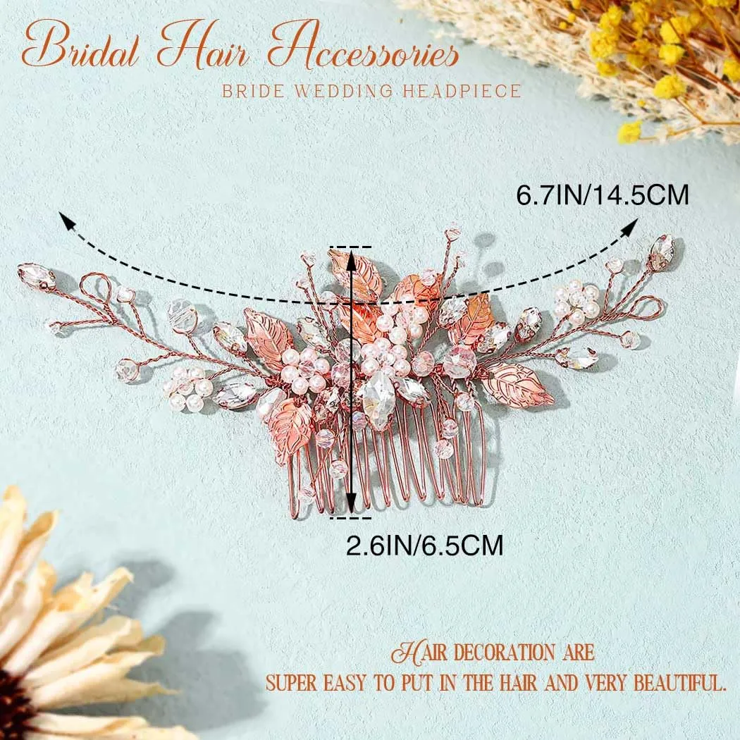 Gorais Leaf Bride Wedding Hair Comb Pearl Bridal Hair Piece Crystal Side Comb Hair Accessories for Women and Girls (C-Rose Gold)