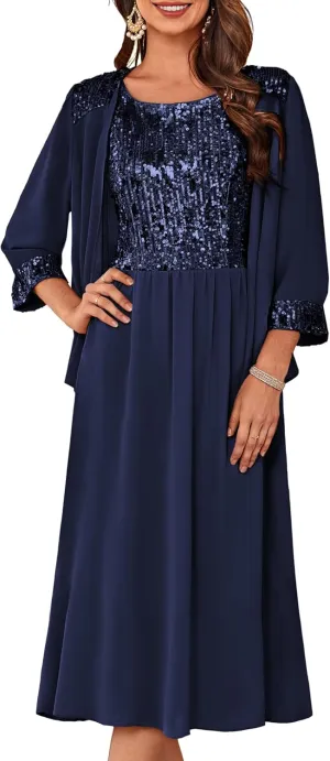 GRACE KARIN Wedding Guest Dress Mother of The Bride Dresses Two Piece Formal Sequin Dress with Jacket Tea Length 2025