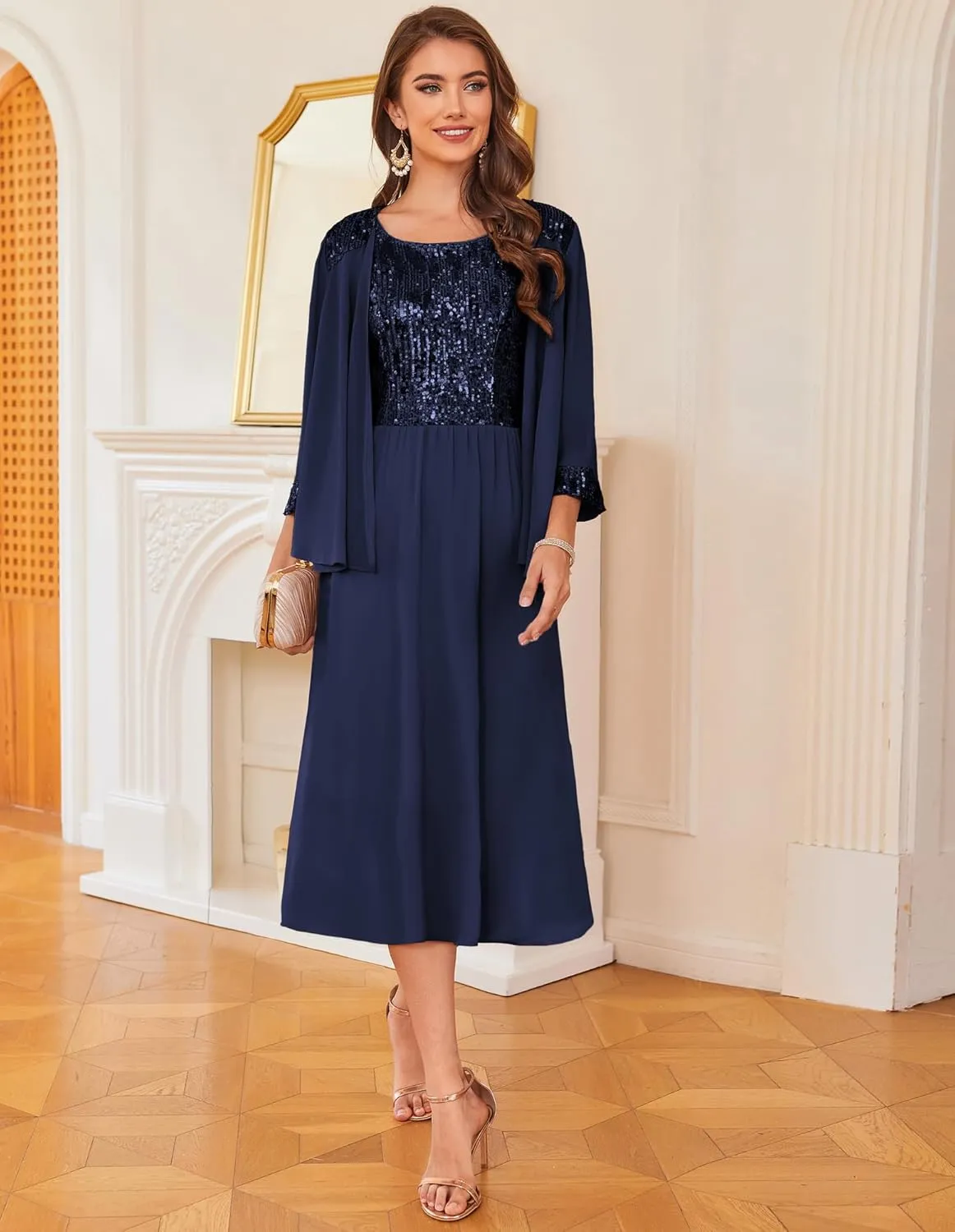 GRACE KARIN Wedding Guest Dress Mother of The Bride Dresses Two Piece Formal Sequin Dress with Jacket Tea Length 2025