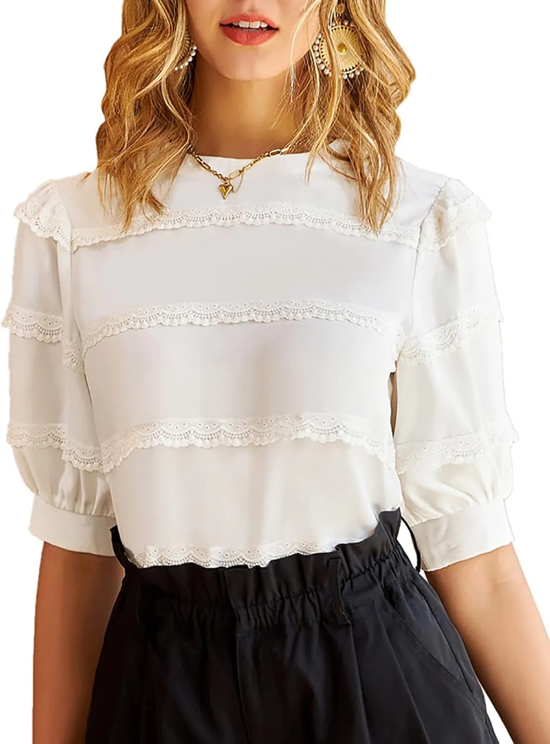 GRACE KARIN Women's Work Business Blouse Casual Puff Short Sleeve Shirts Lace Tops Loose Fit