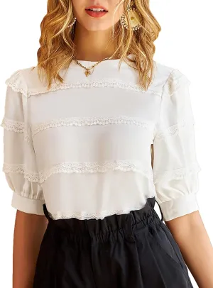 GRACE KARIN Women's Work Business Blouse Casual Puff Short Sleeve Shirts Lace Tops Loose Fit