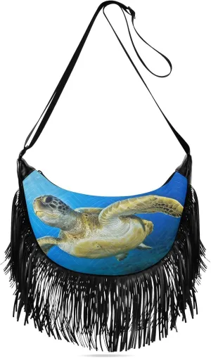 Green-turtle-sea Women Tassel Fringe Shoulder bag, Fringe Purse Crossbody, Women Tassel Hobo Bag with Zipper