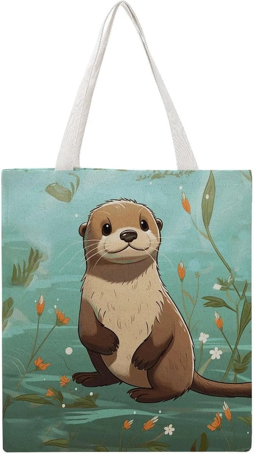 Grocery Bags Cartoon Cute Otter Bag for Women Lightweight Beach Bag Shoulder Bags for Travel Shopping Work Handbag