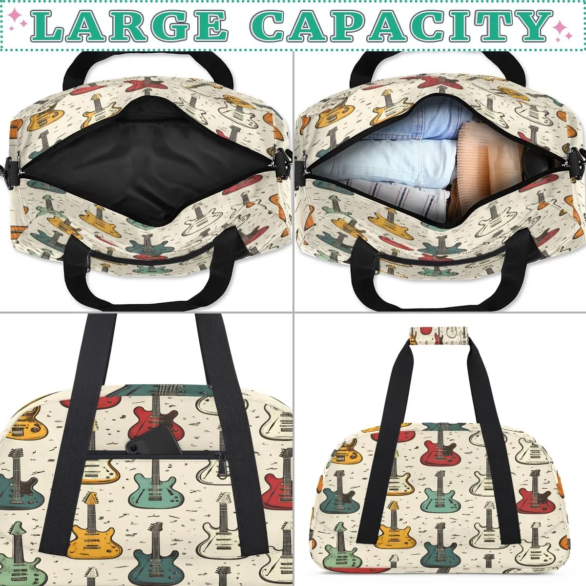 Guitar Kids Overnighter Duffel Bags for Boys, Carry-On Size Sports Gym Bag with Front Zipper Pocket for School Practice or Overnight Travel Weekender Sleepover Tote Bag