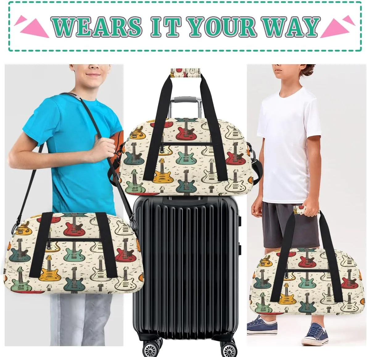 Guitar Kids Overnighter Duffel Bags for Boys, Carry-On Size Sports Gym Bag with Front Zipper Pocket for School Practice or Overnight Travel Weekender Sleepover Tote Bag