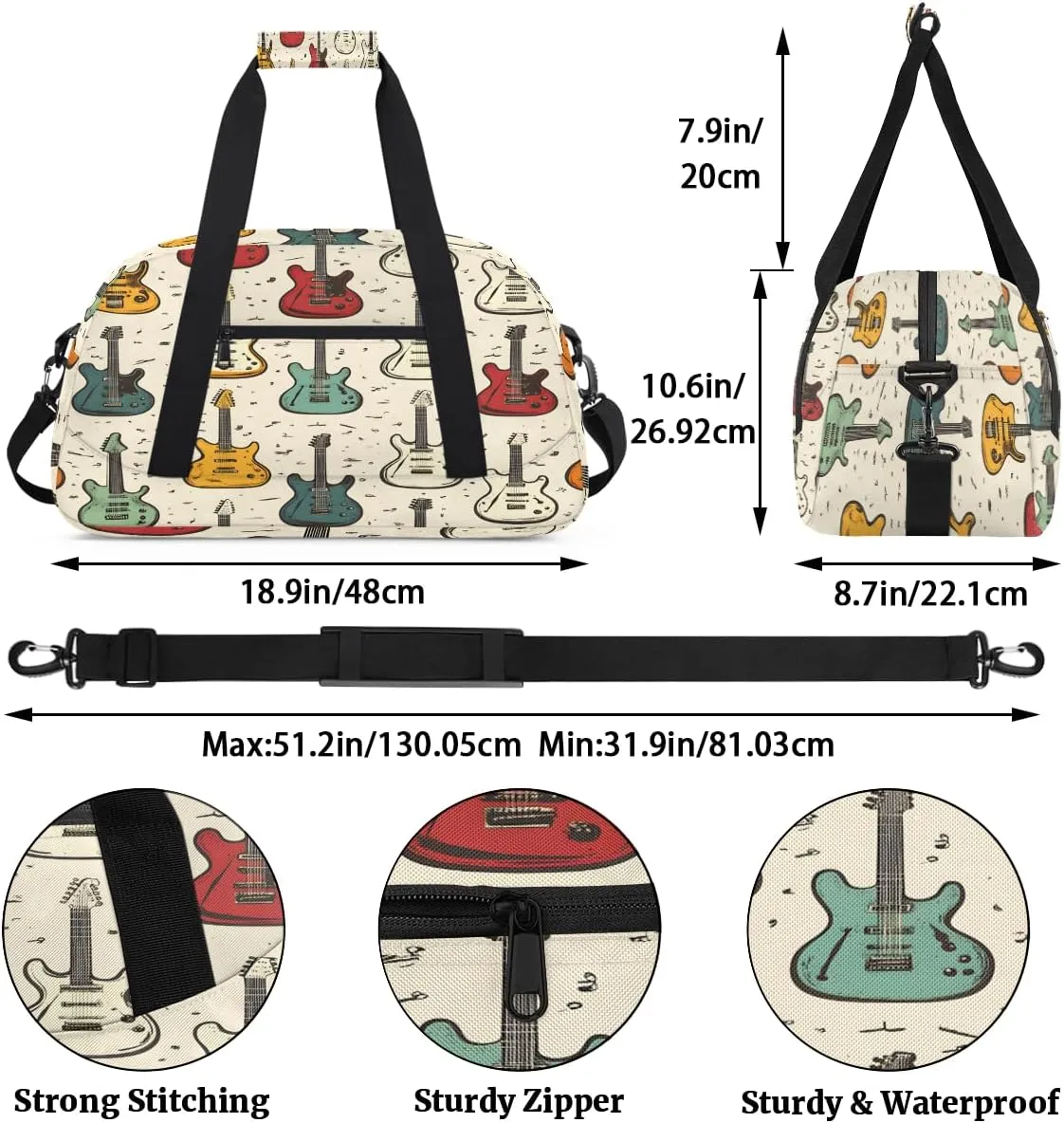 Guitar Kids Overnighter Duffel Bags for Boys, Carry-On Size Sports Gym Bag with Front Zipper Pocket for School Practice or Overnight Travel Weekender Sleepover Tote Bag