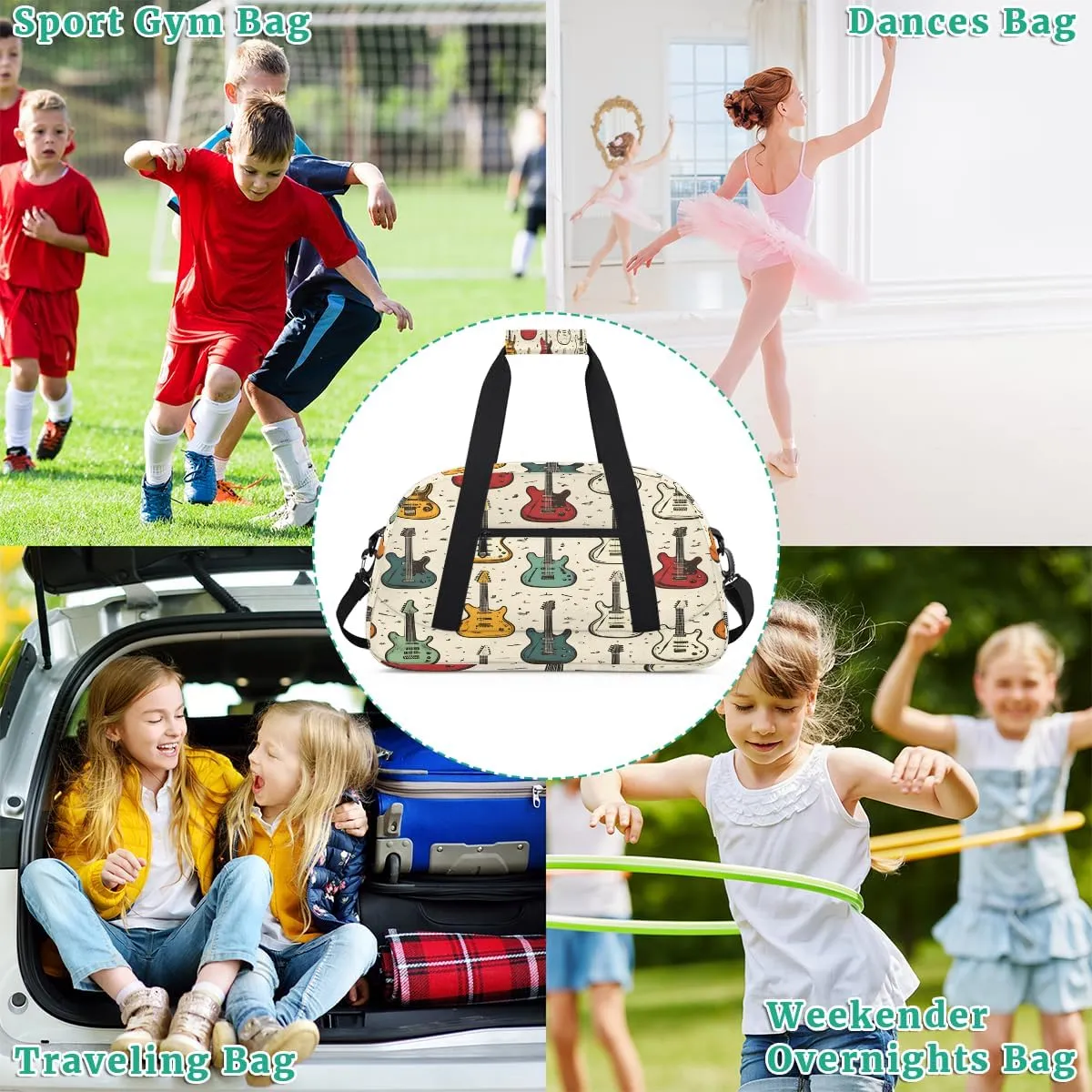 Guitar Kids Overnighter Duffel Bags for Boys, Carry-On Size Sports Gym Bag with Front Zipper Pocket for School Practice or Overnight Travel Weekender Sleepover Tote Bag