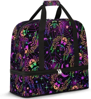 Gym Bag for Men Women, Halloween Spider Web Carry on Travel Duffel Bag with Trolley Sleeve, Waterproof Weekender Overnight Bags with Shoes and Wet Clothes Compartment for Sleepover Workout Sports