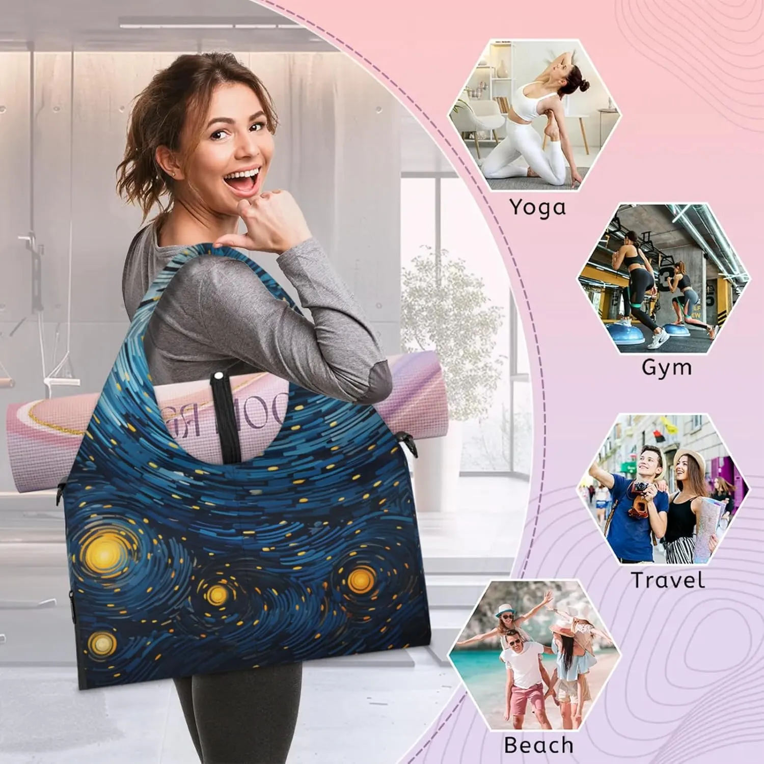 Gym Bag for Women Abstract Galaxy Duffel Bag with Shoe Compartment and Yoga Mat Holder Portable Weekender Bags Travel Tote Bags