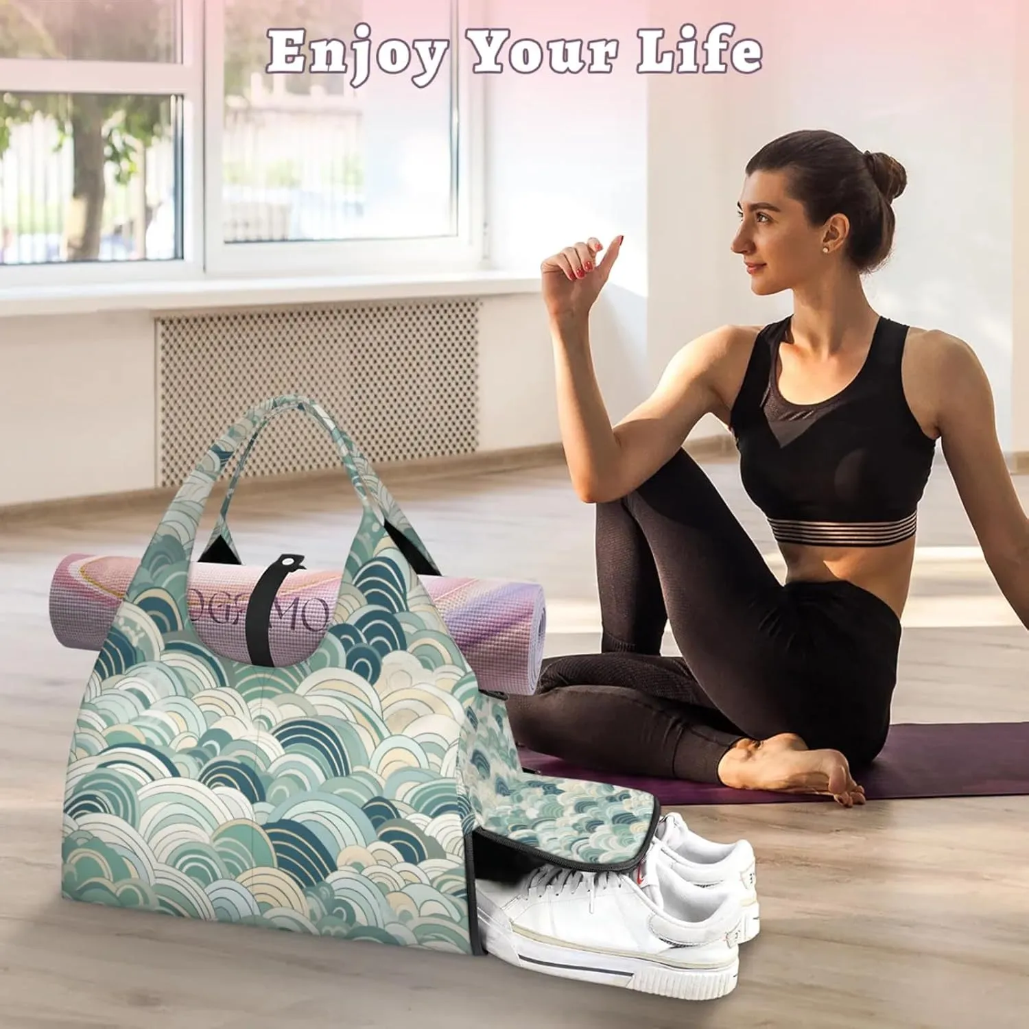 Gym Bag for Women Abstract Sea Water Duffel Bag with Shoe Compartment and Yoga Mat Holder Portable Weekender Bags Travel Tote Bags