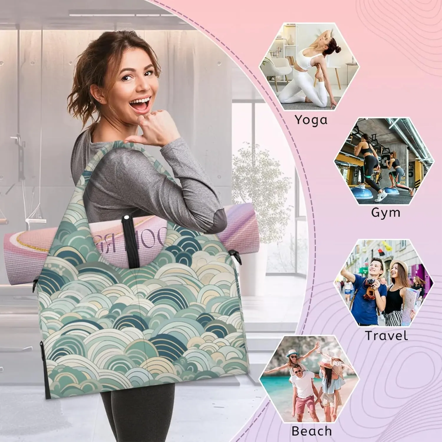 Gym Bag for Women Abstract Sea Water Duffel Bag with Shoe Compartment and Yoga Mat Holder Portable Weekender Bags Travel Tote Bags