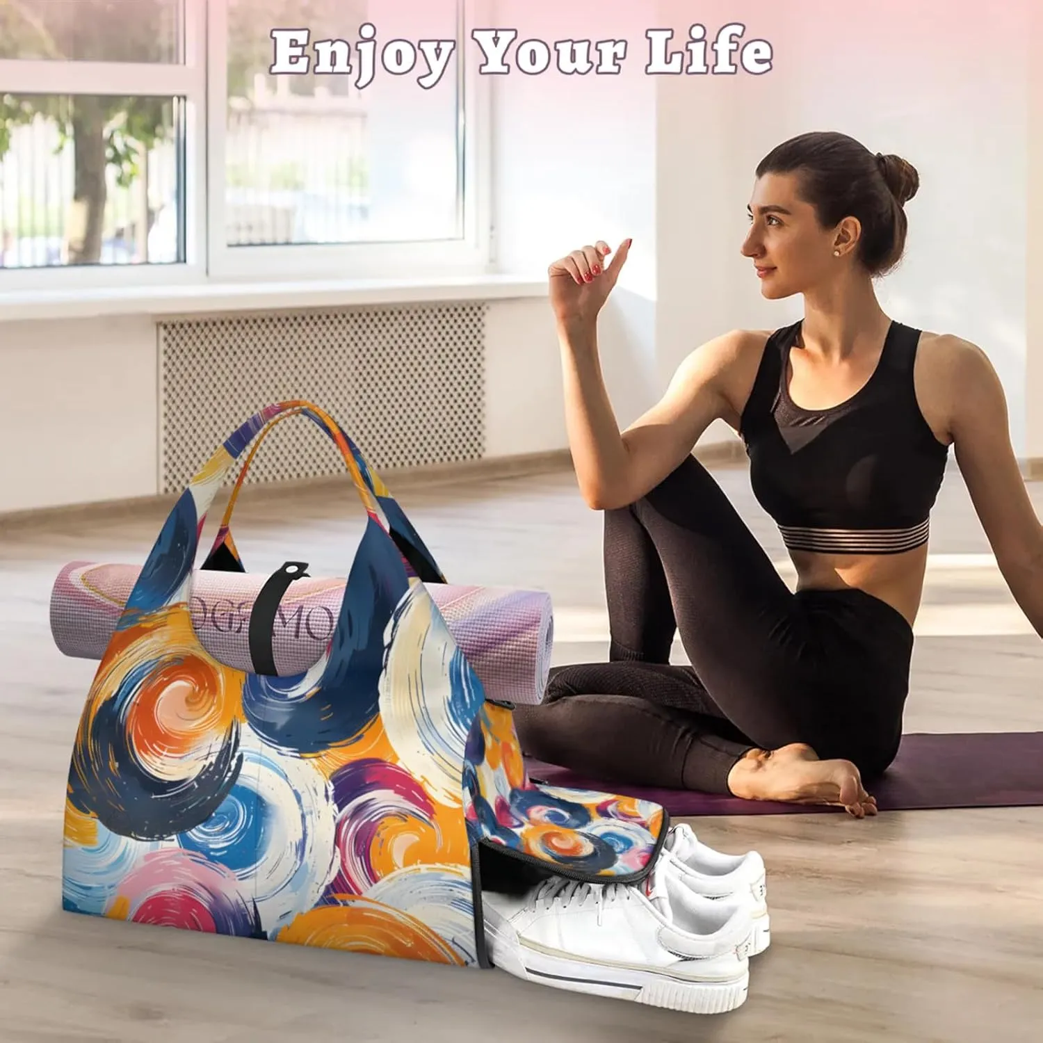 Gym Bag for Women Abstract Spiral Duffel Bag with Shoe Compartment and Yoga Mat Holder Portable Weekender Bags Travel Tote Bags
