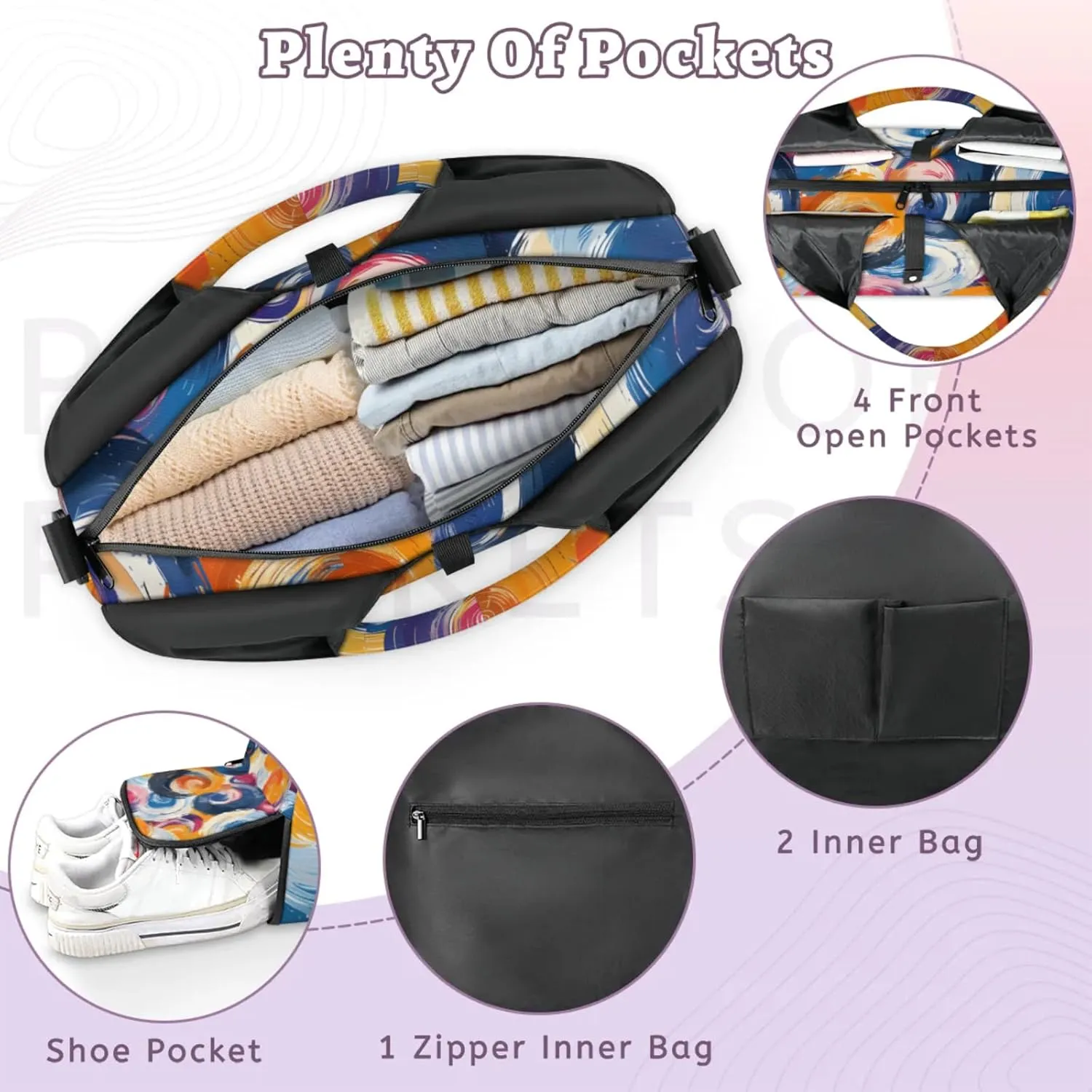 Gym Bag for Women Abstract Spiral Duffel Bag with Shoe Compartment and Yoga Mat Holder Portable Weekender Bags Travel Tote Bags