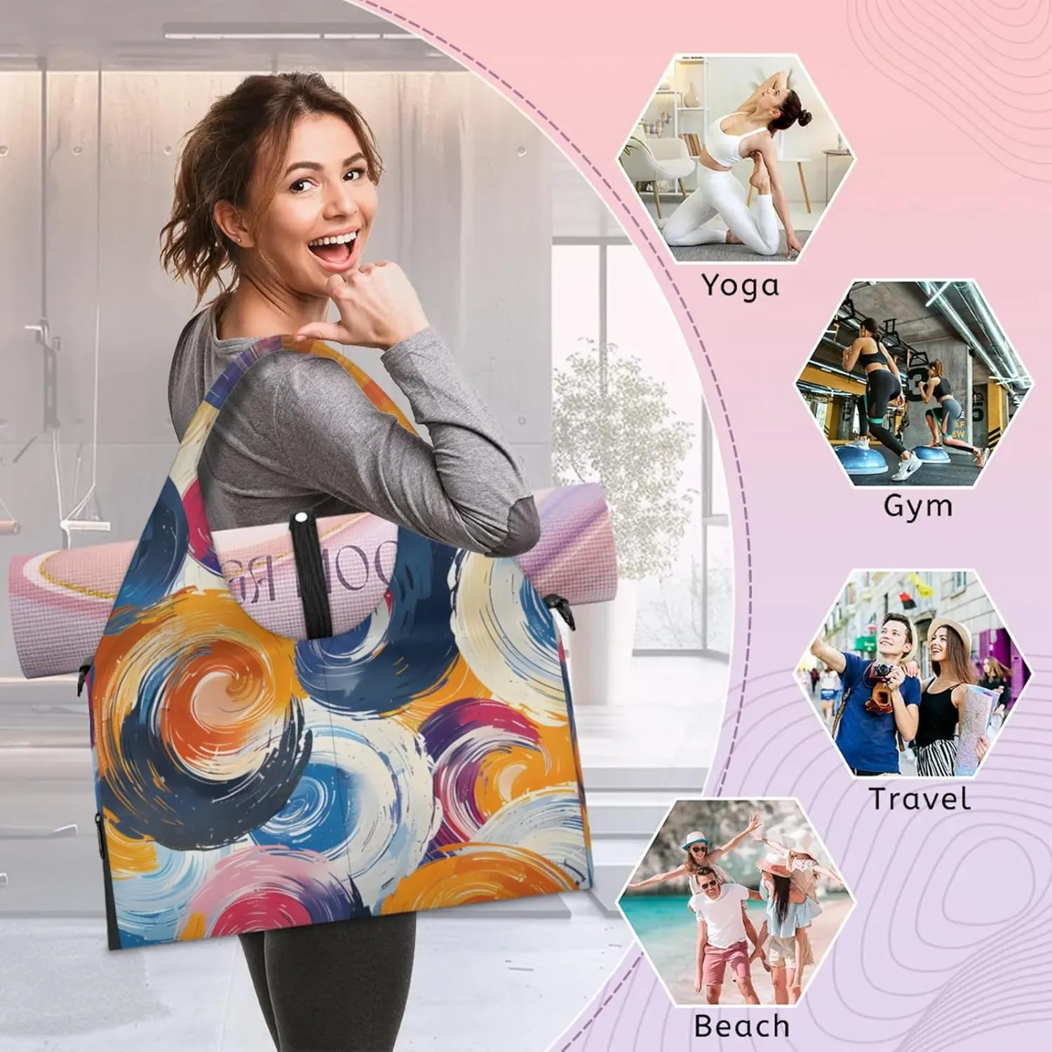Gym Bag for Women Abstract Spiral Duffel Bag with Shoe Compartment and Yoga Mat Holder Portable Weekender Bags Travel Tote Bags