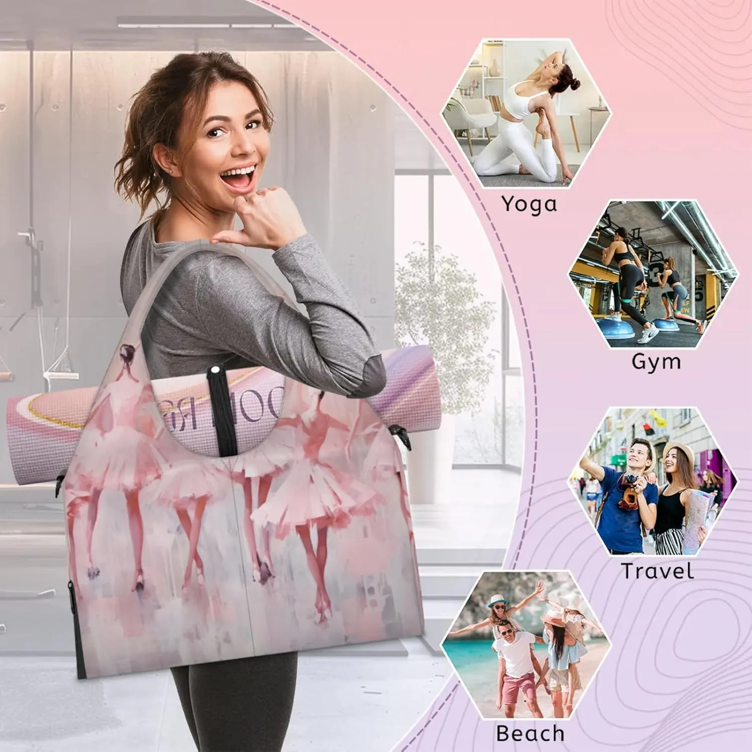 Gym Bag for Women Ballet Duffel Bag with Shoe Compartment and Yoga Mat Holder Portable Weekender Bags Travel Tote Bags