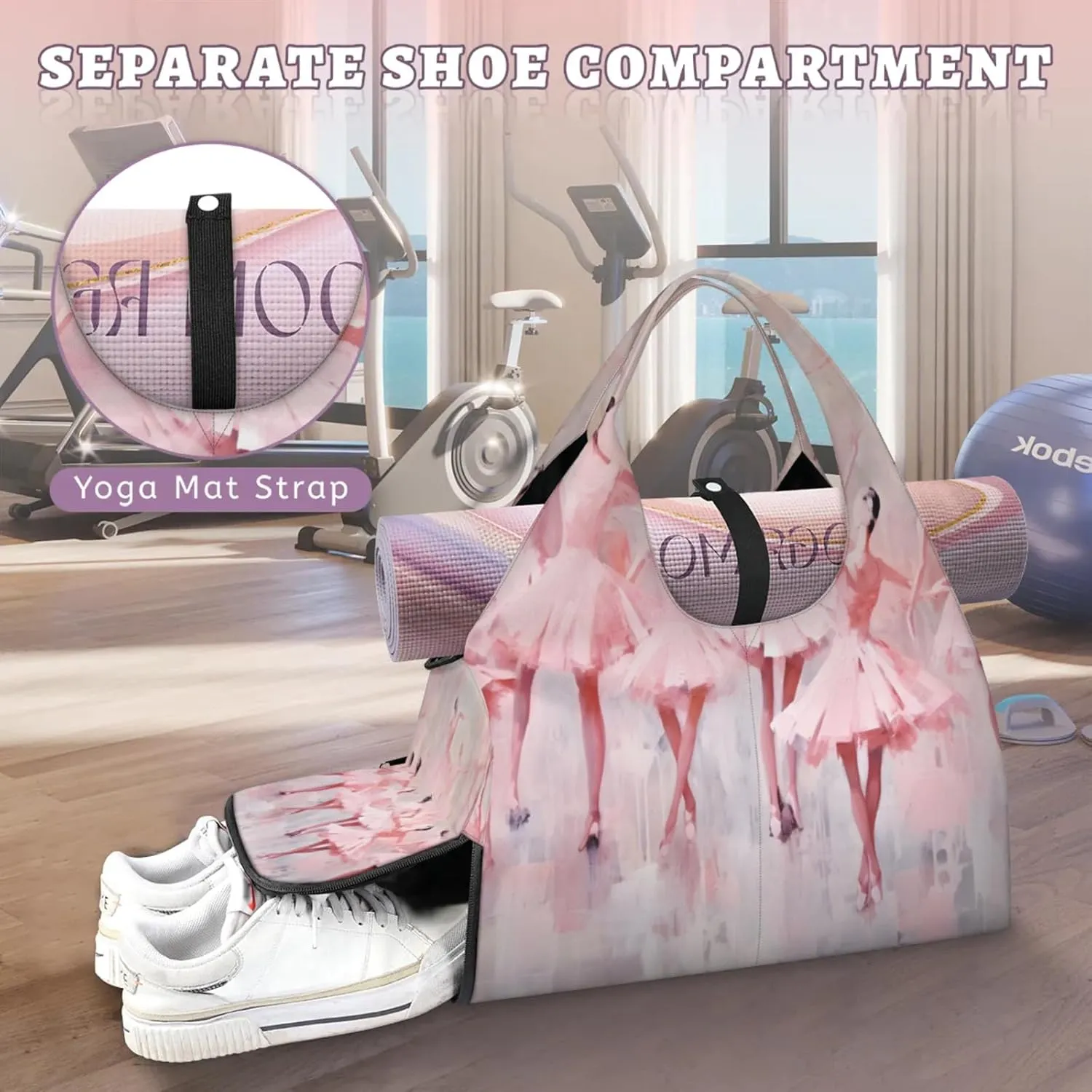 Gym Bag for Women Ballet Duffel Bag with Shoe Compartment and Yoga Mat Holder Portable Weekender Bags Travel Tote Bags