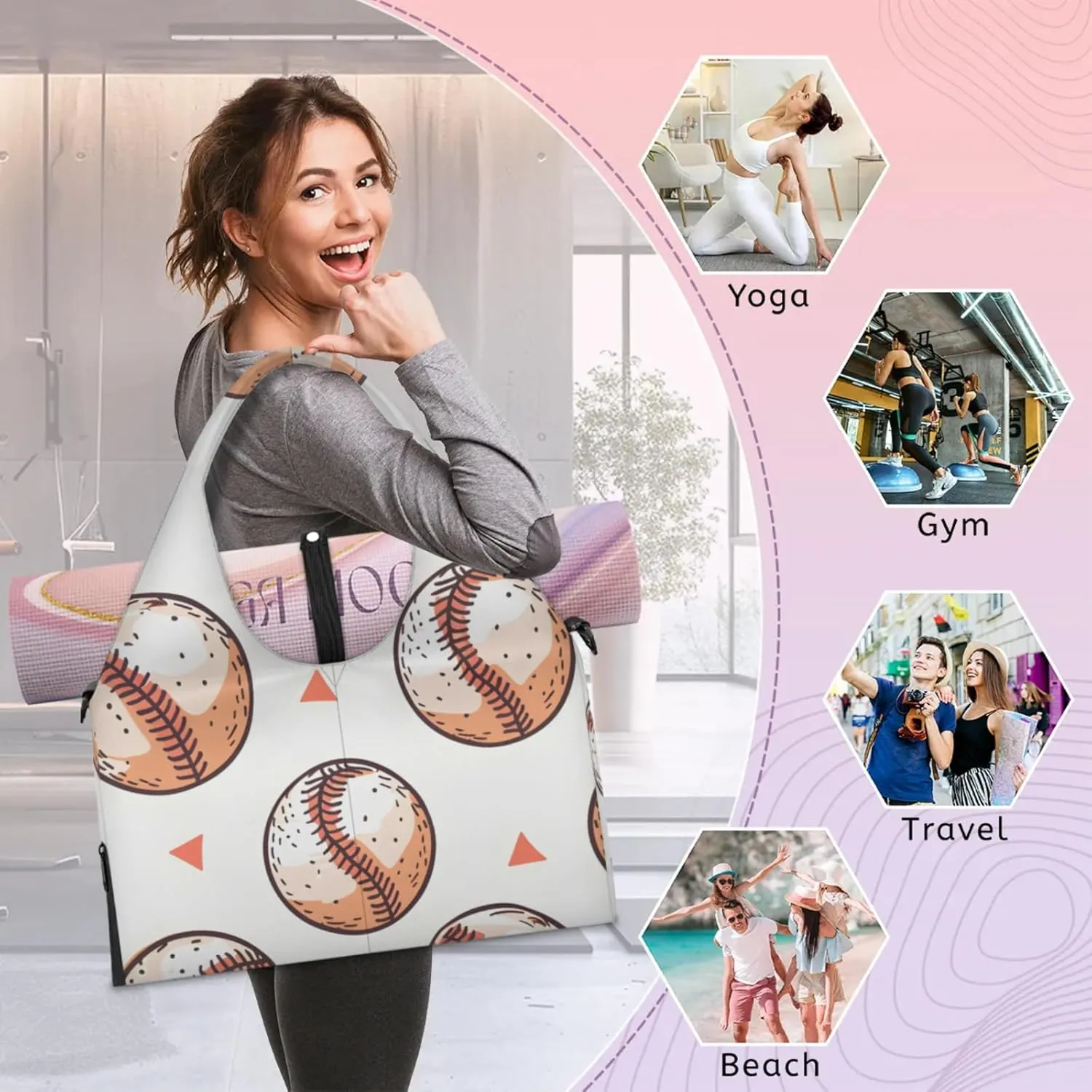 Gym Bag for Women Baseballs Cartoon Duffel Bag with Shoe Compartment and Yoga Mat Holder Portable Weekender Bags Travel Tote Bags