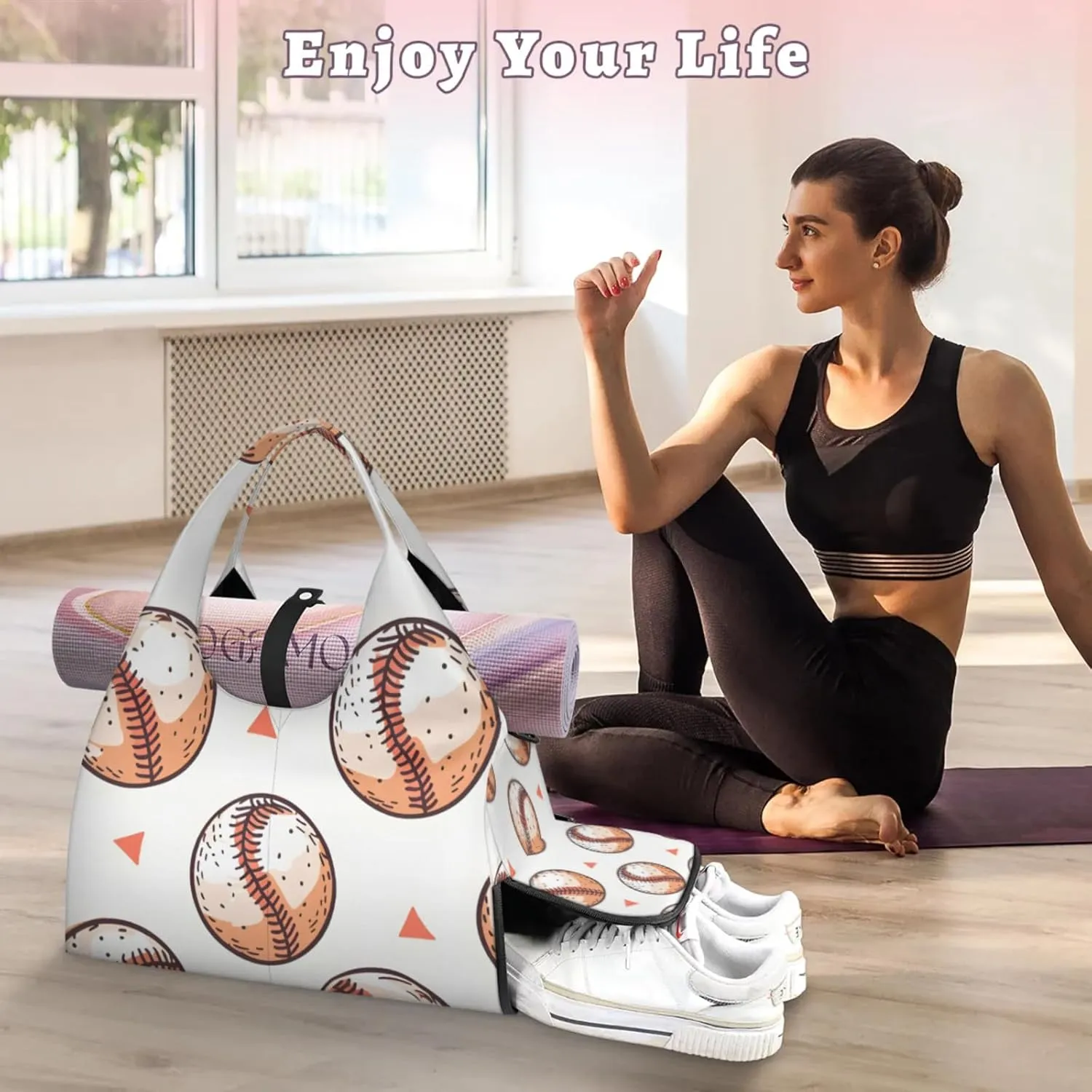 Gym Bag for Women Baseballs Cartoon Duffel Bag with Shoe Compartment and Yoga Mat Holder Portable Weekender Bags Travel Tote Bags