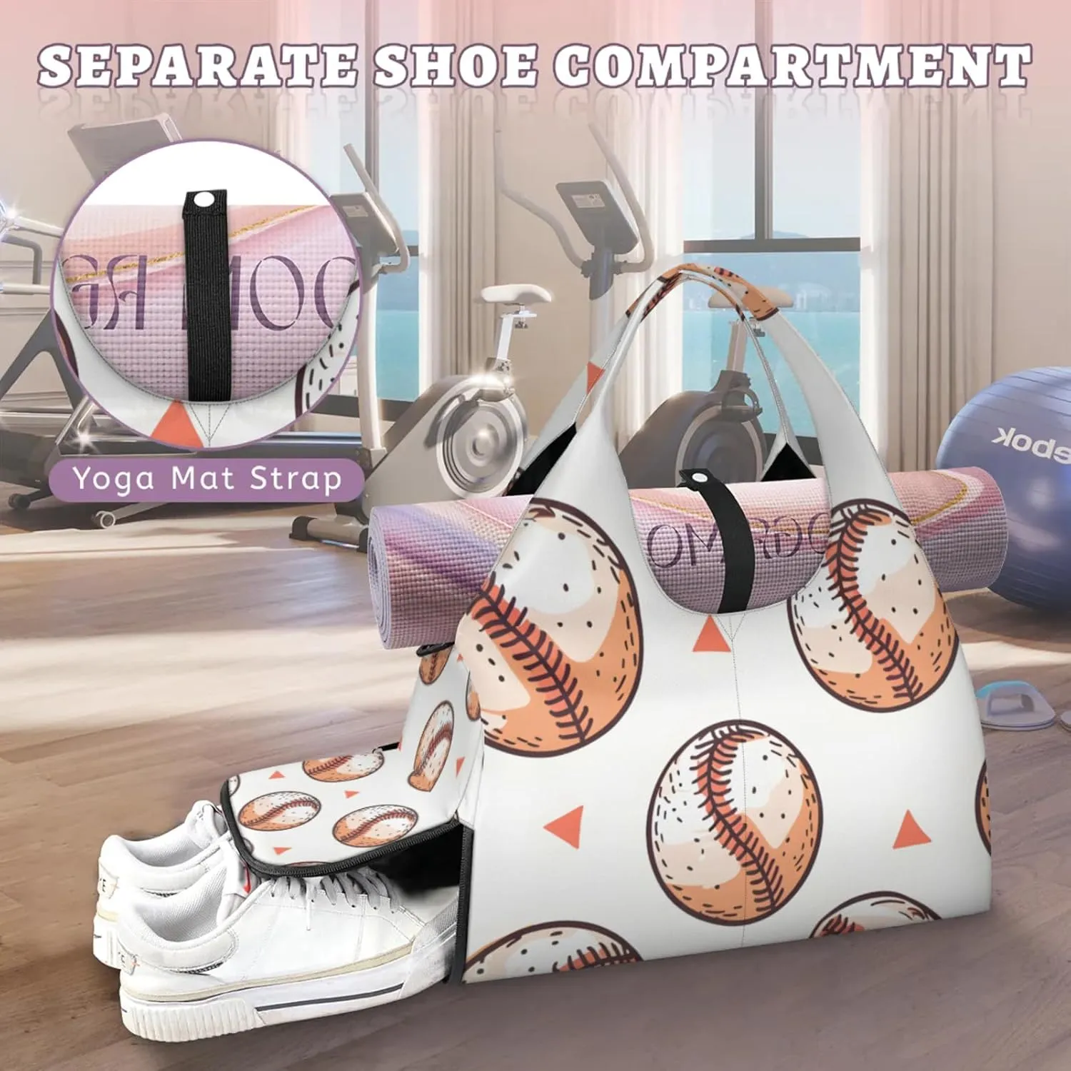 Gym Bag for Women Baseballs Cartoon Duffel Bag with Shoe Compartment and Yoga Mat Holder Portable Weekender Bags Travel Tote Bags