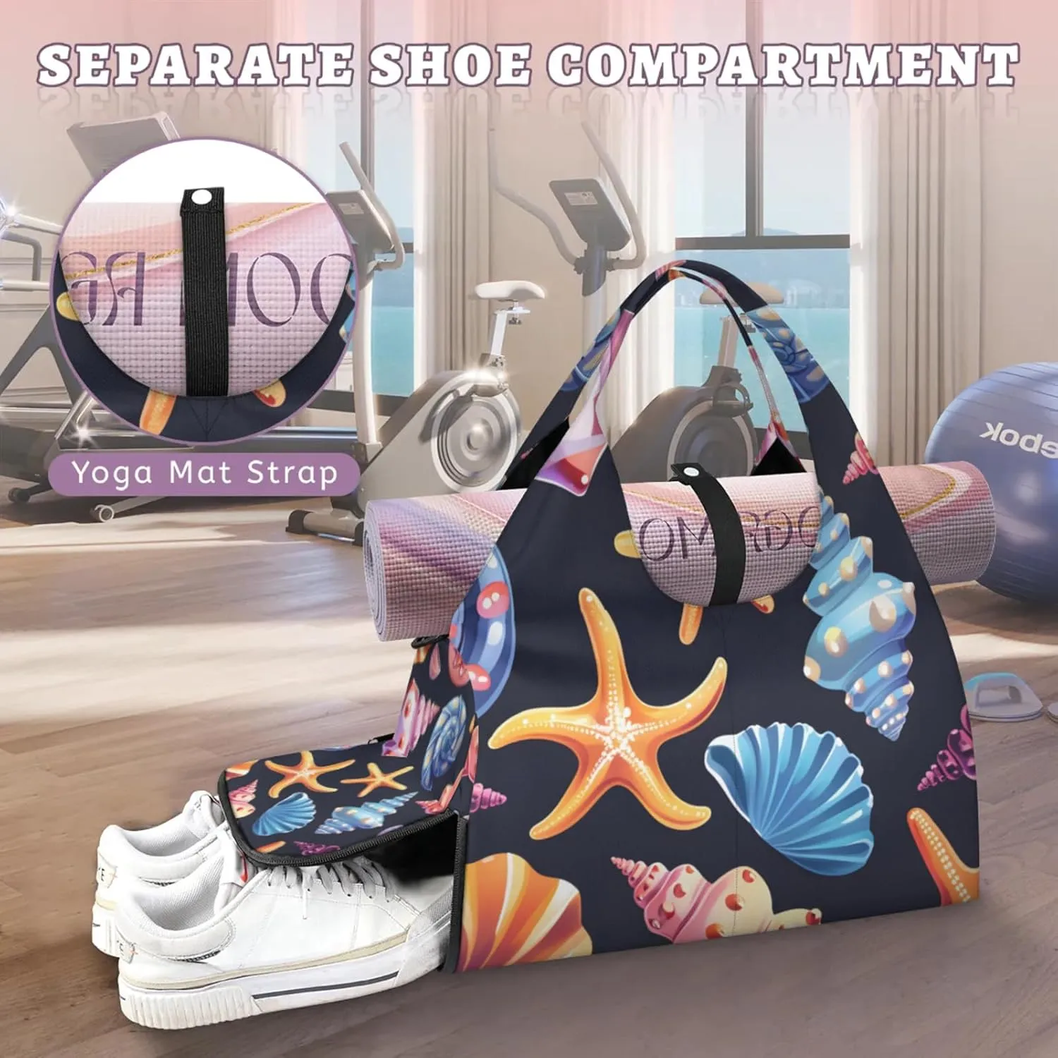 Gym Bag for Women Beautiful Shell Starfish Duffel Bag with Shoe Compartment and Yoga Mat Holder Portable Weekender Bags Travel Tote Bags