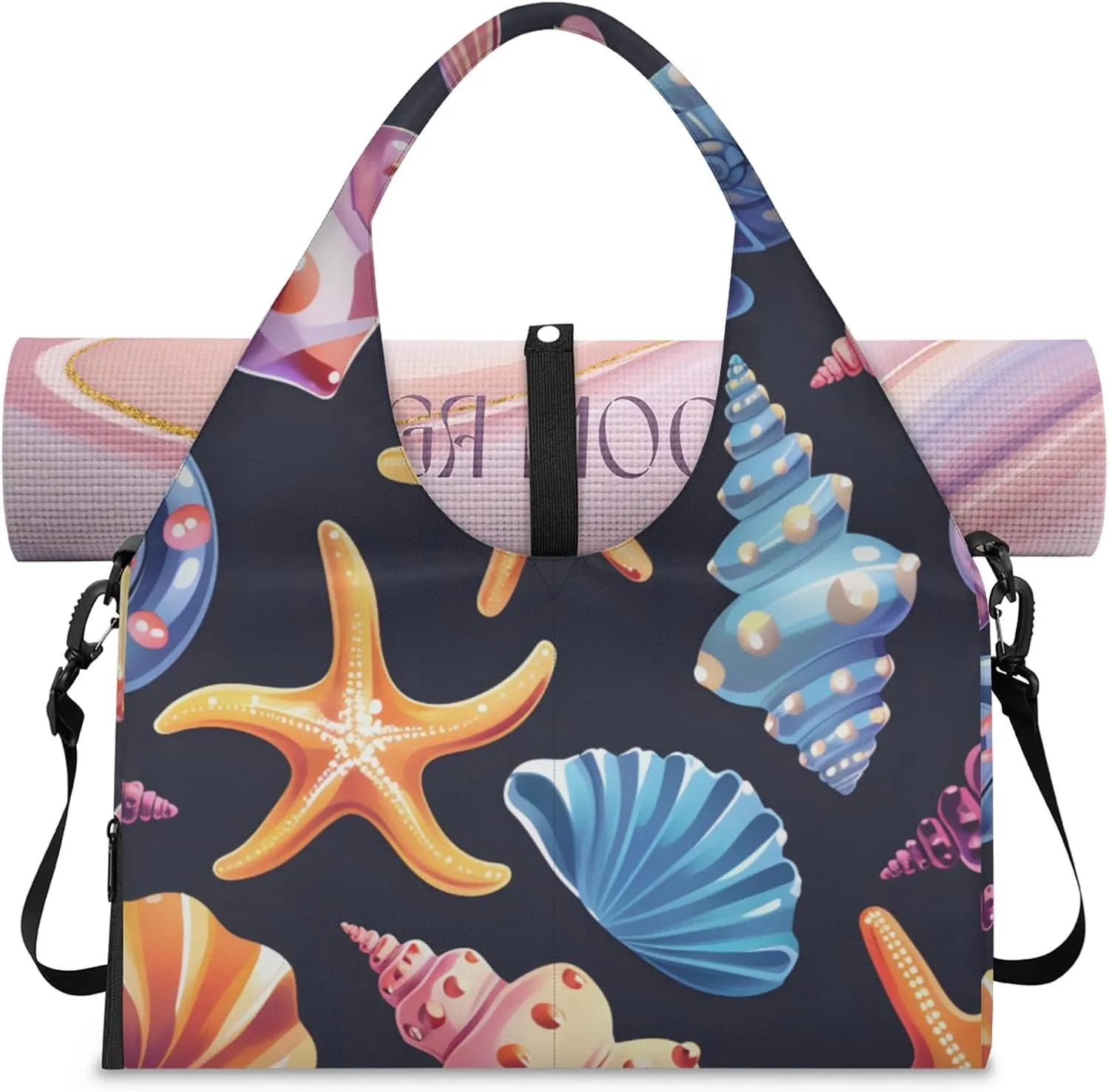 Gym Bag for Women Beautiful Shell Starfish Duffel Bag with Shoe Compartment and Yoga Mat Holder Portable Weekender Bags Travel Tote Bags