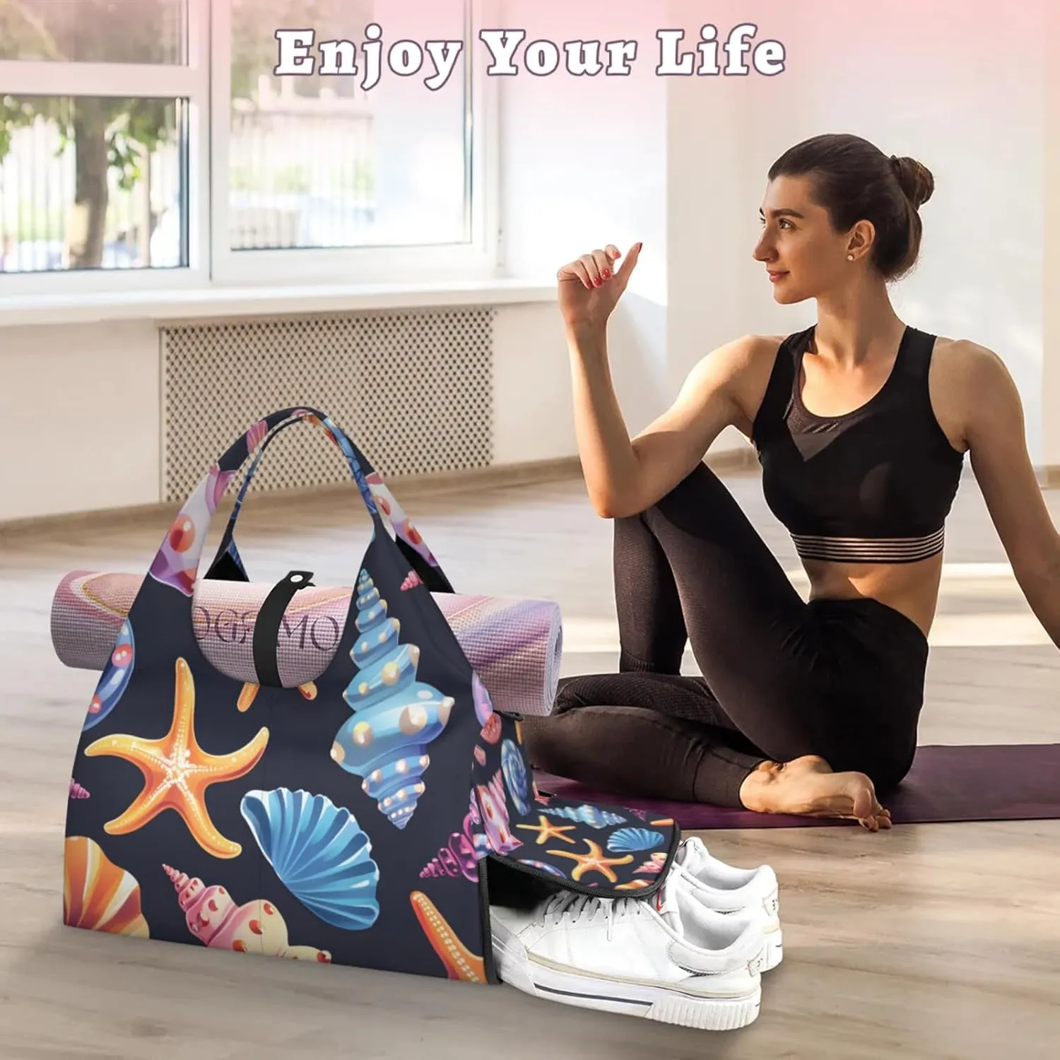 Gym Bag for Women Beautiful Shell Starfish Duffel Bag with Shoe Compartment and Yoga Mat Holder Portable Weekender Bags Travel Tote Bags