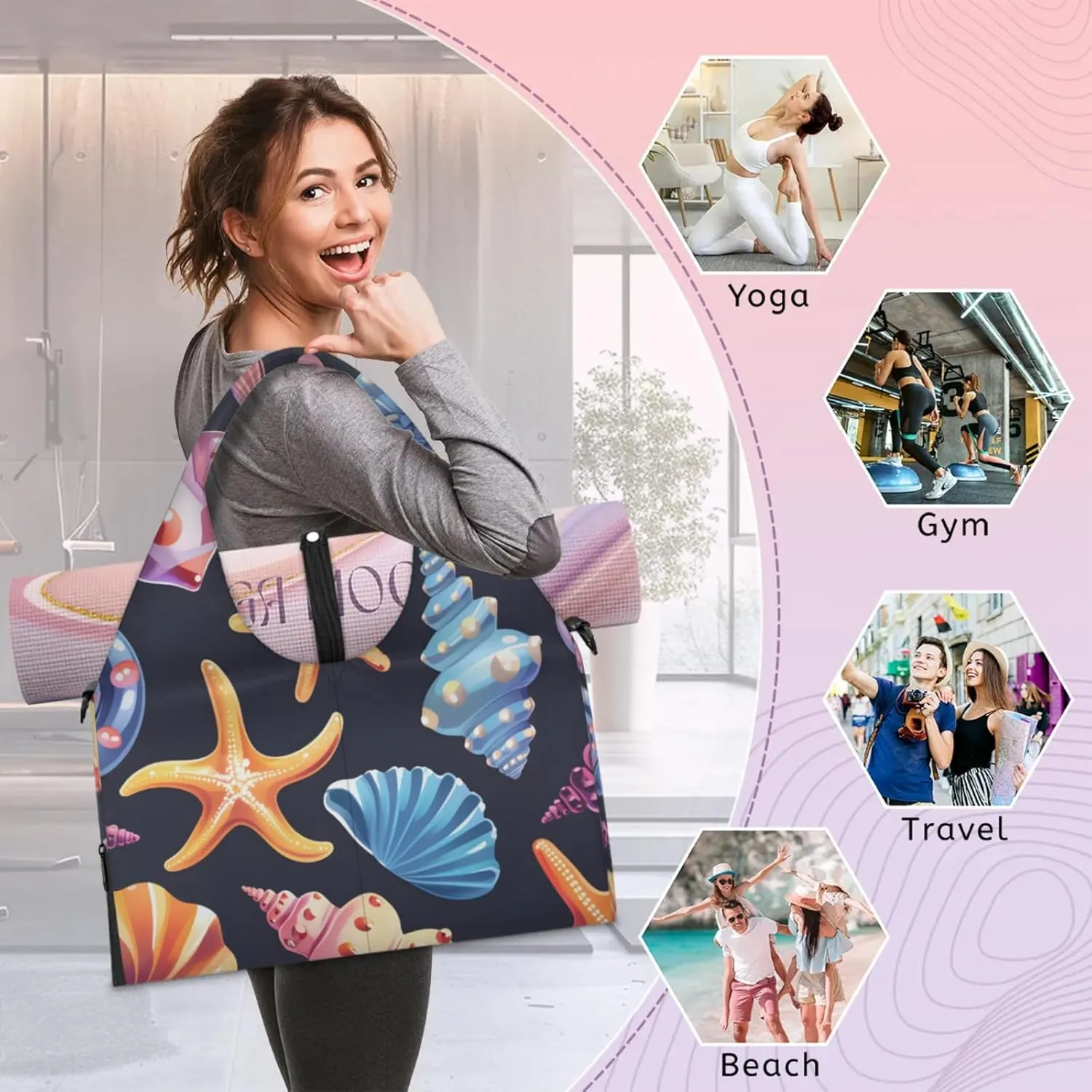 Gym Bag for Women Beautiful Shell Starfish Duffel Bag with Shoe Compartment and Yoga Mat Holder Portable Weekender Bags Travel Tote Bags