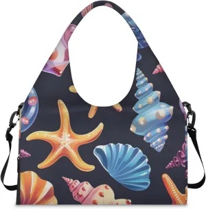 Gym Bag for Women Beautiful Shell Starfish Duffel Bag with Shoe Compartment and Yoga Mat Holder Portable Weekender Bags Travel Tote Bags