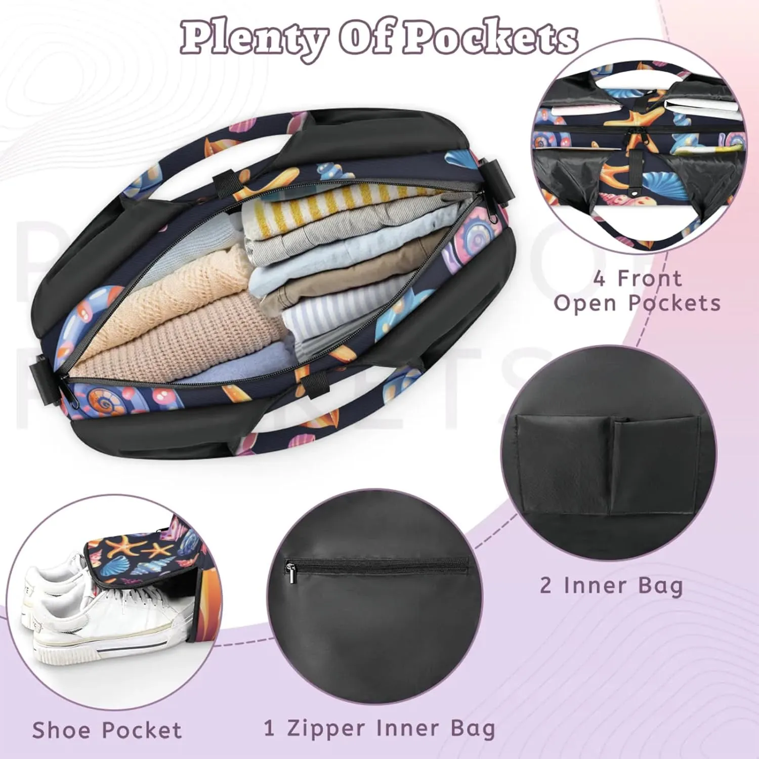 Gym Bag for Women Beautiful Shell Starfish Duffel Bag with Shoe Compartment and Yoga Mat Holder Portable Weekender Bags Travel Tote Bags