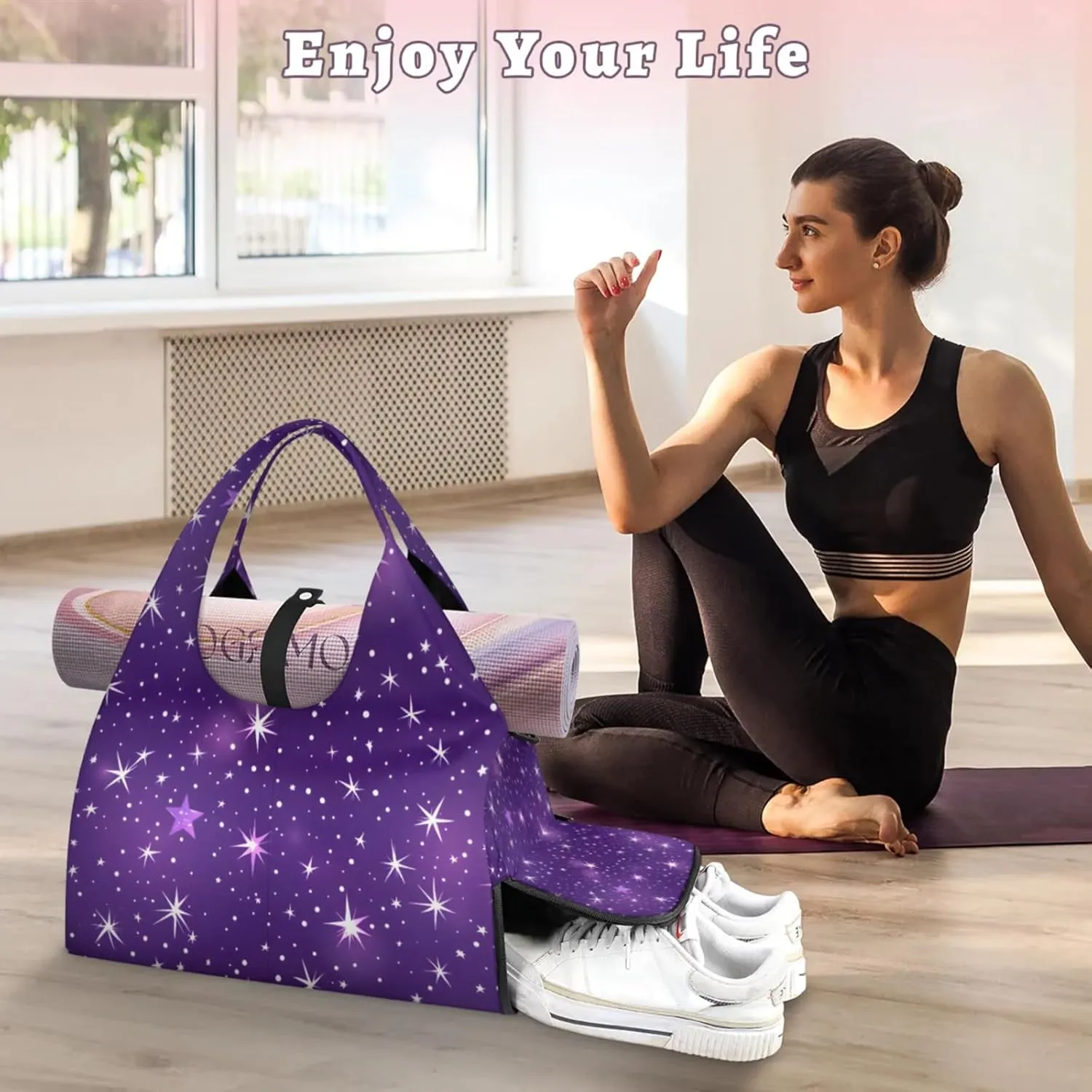 Gym Bag for Women Beautiful Stars Theme Duffel Bag with Shoe Compartment and Yoga Mat Holder Portable Weekender Bags Travel Tote Bags