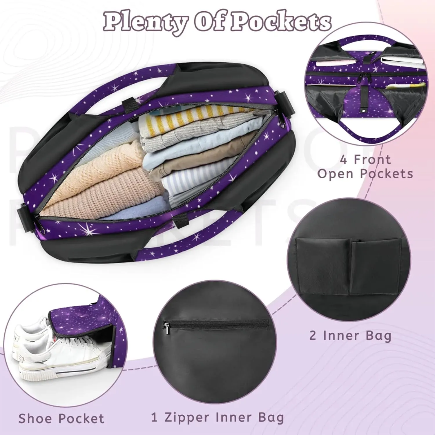 Gym Bag for Women Beautiful Stars Theme Duffel Bag with Shoe Compartment and Yoga Mat Holder Portable Weekender Bags Travel Tote Bags