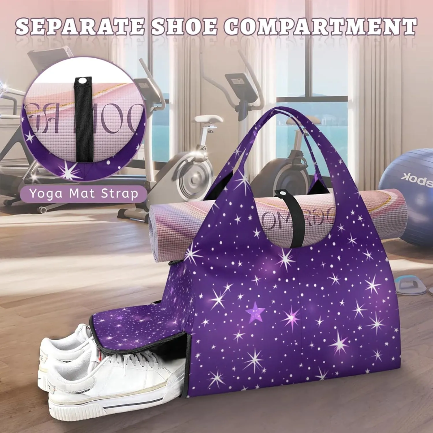 Gym Bag for Women Beautiful Stars Theme Duffel Bag with Shoe Compartment and Yoga Mat Holder Portable Weekender Bags Travel Tote Bags