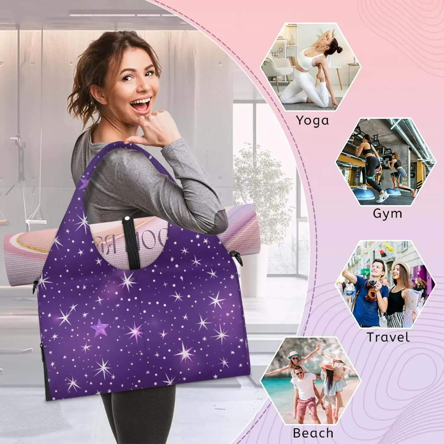 Gym Bag for Women Beautiful Stars Theme Duffel Bag with Shoe Compartment and Yoga Mat Holder Portable Weekender Bags Travel Tote Bags