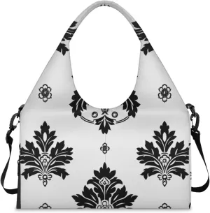 Gym Bag for Women Black Floral Duffel Bag with Shoe Compartment and Yoga Mat Holder Portable Weekender Bags Travel Tote Bags