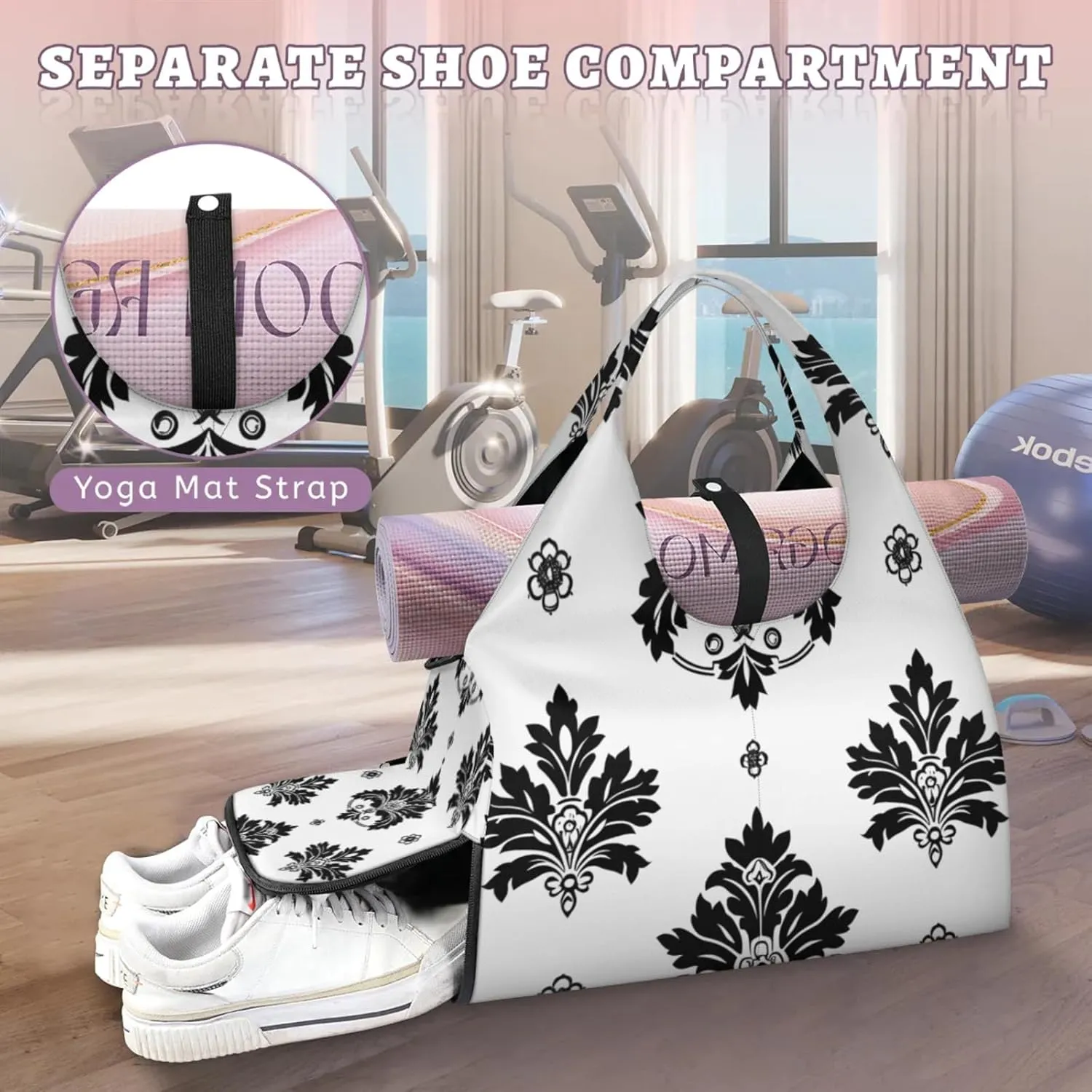 Gym Bag for Women Black Floral Duffel Bag with Shoe Compartment and Yoga Mat Holder Portable Weekender Bags Travel Tote Bags