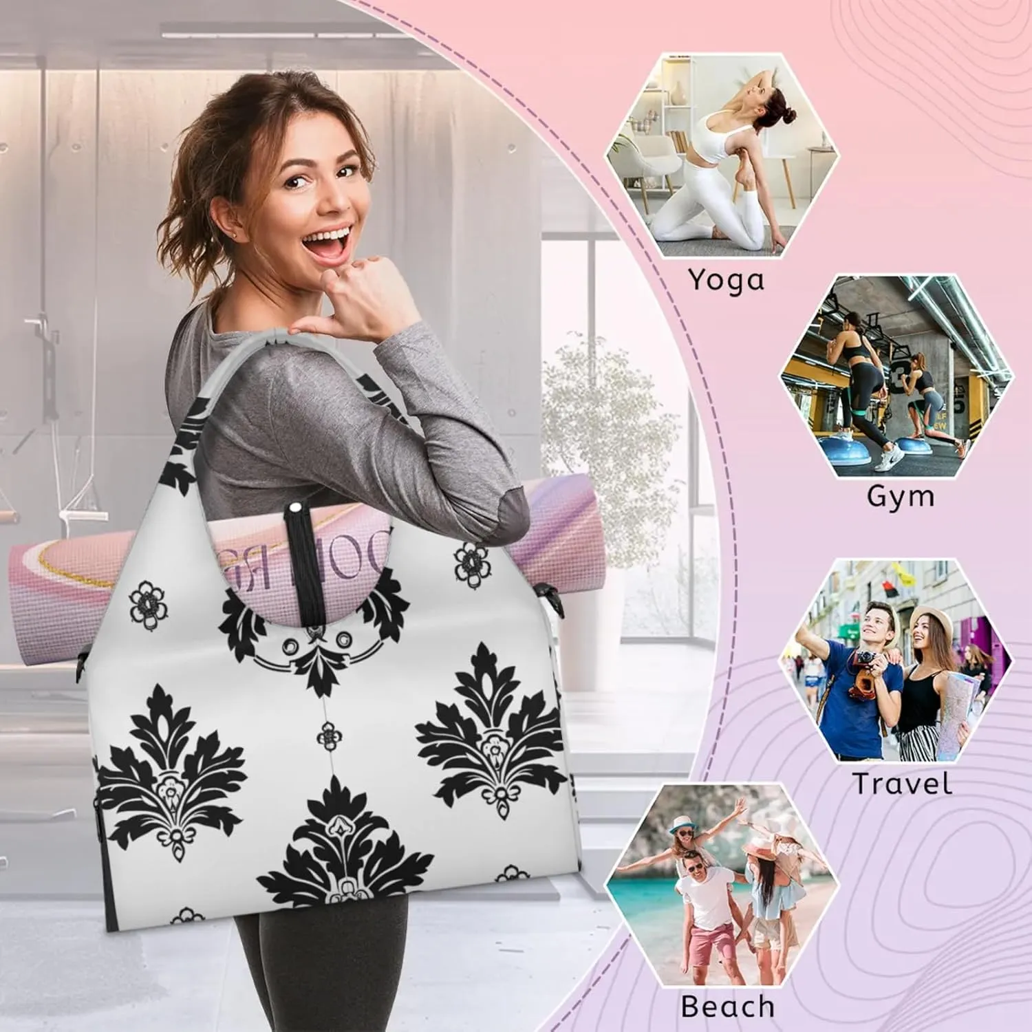 Gym Bag for Women Black Floral Duffel Bag with Shoe Compartment and Yoga Mat Holder Portable Weekender Bags Travel Tote Bags