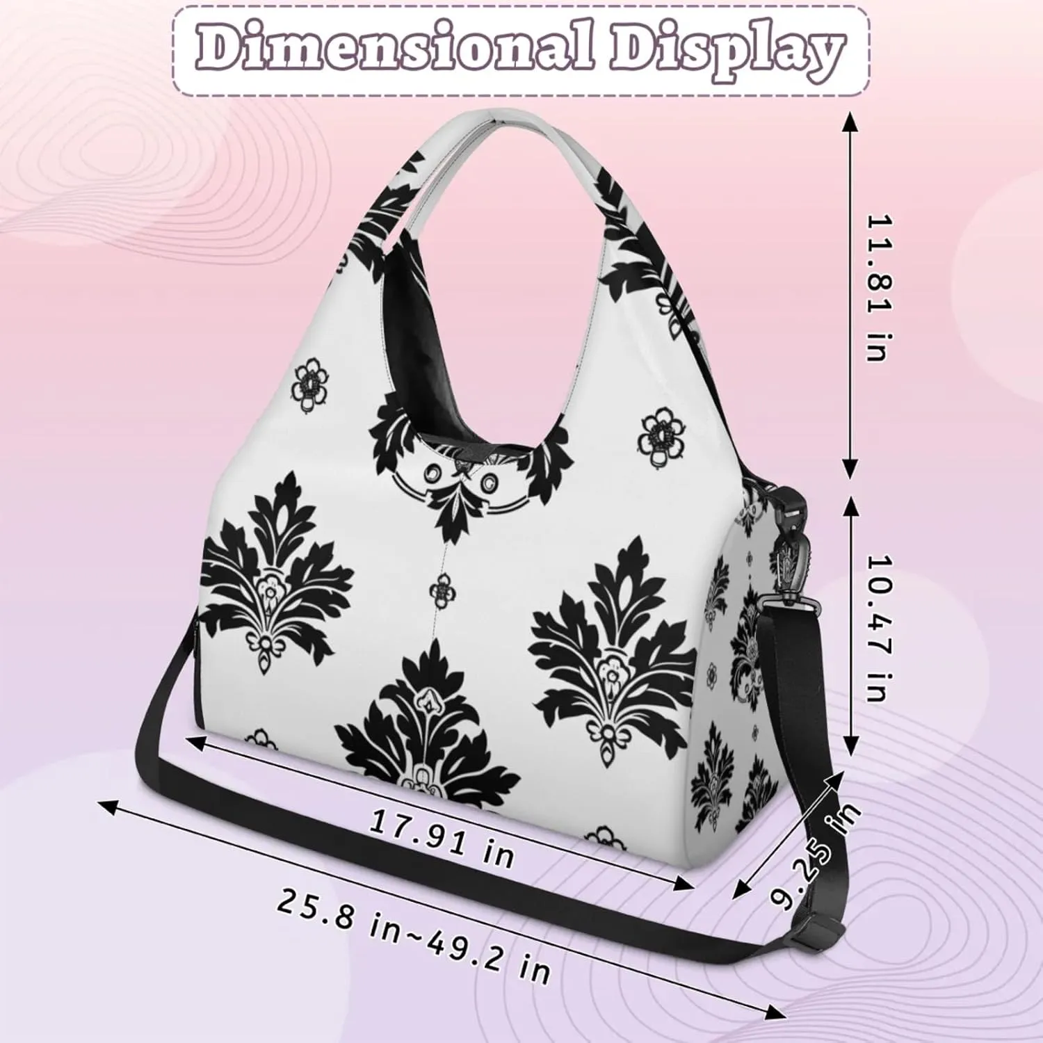 Gym Bag for Women Black Floral Duffel Bag with Shoe Compartment and Yoga Mat Holder Portable Weekender Bags Travel Tote Bags