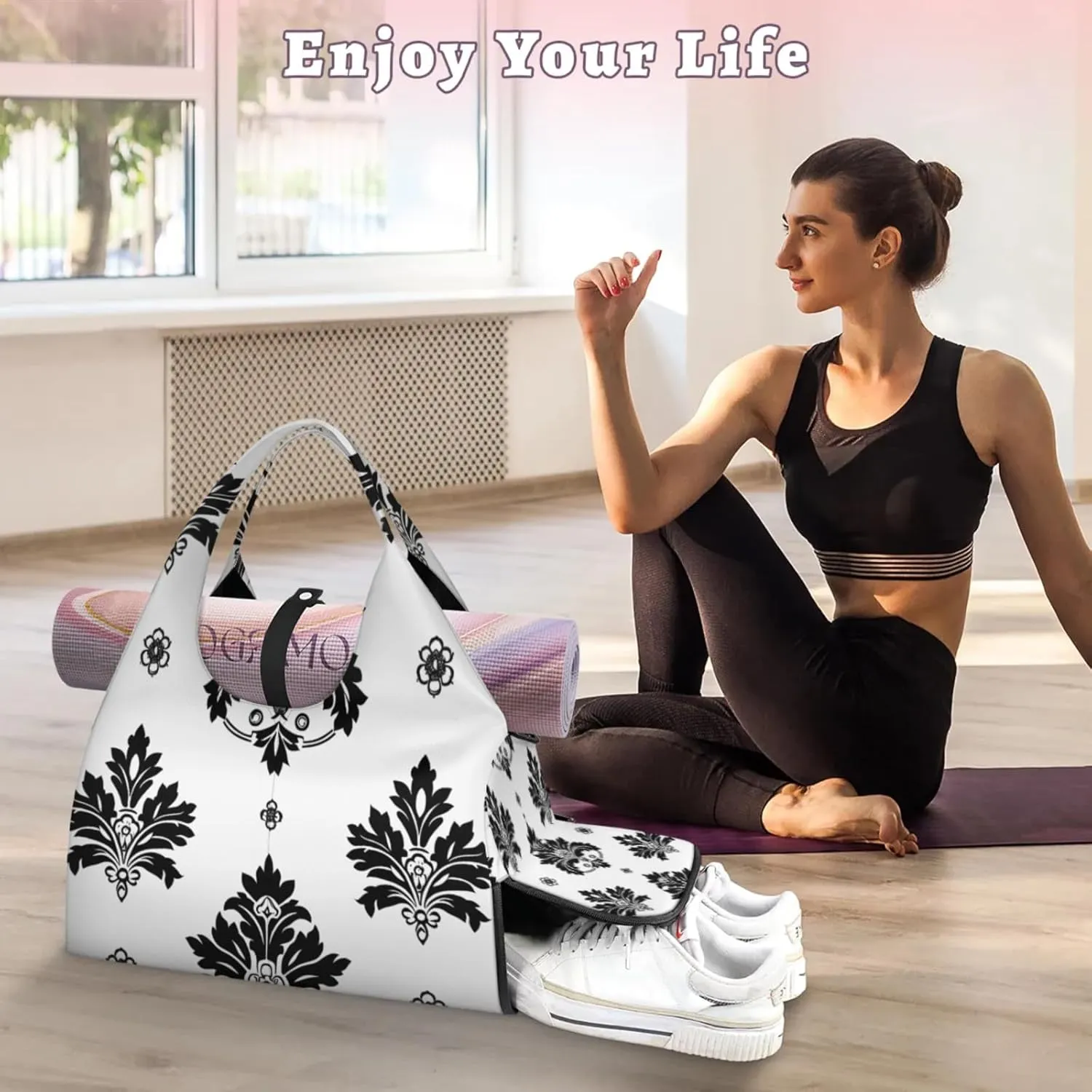 Gym Bag for Women Black Floral Duffel Bag with Shoe Compartment and Yoga Mat Holder Portable Weekender Bags Travel Tote Bags