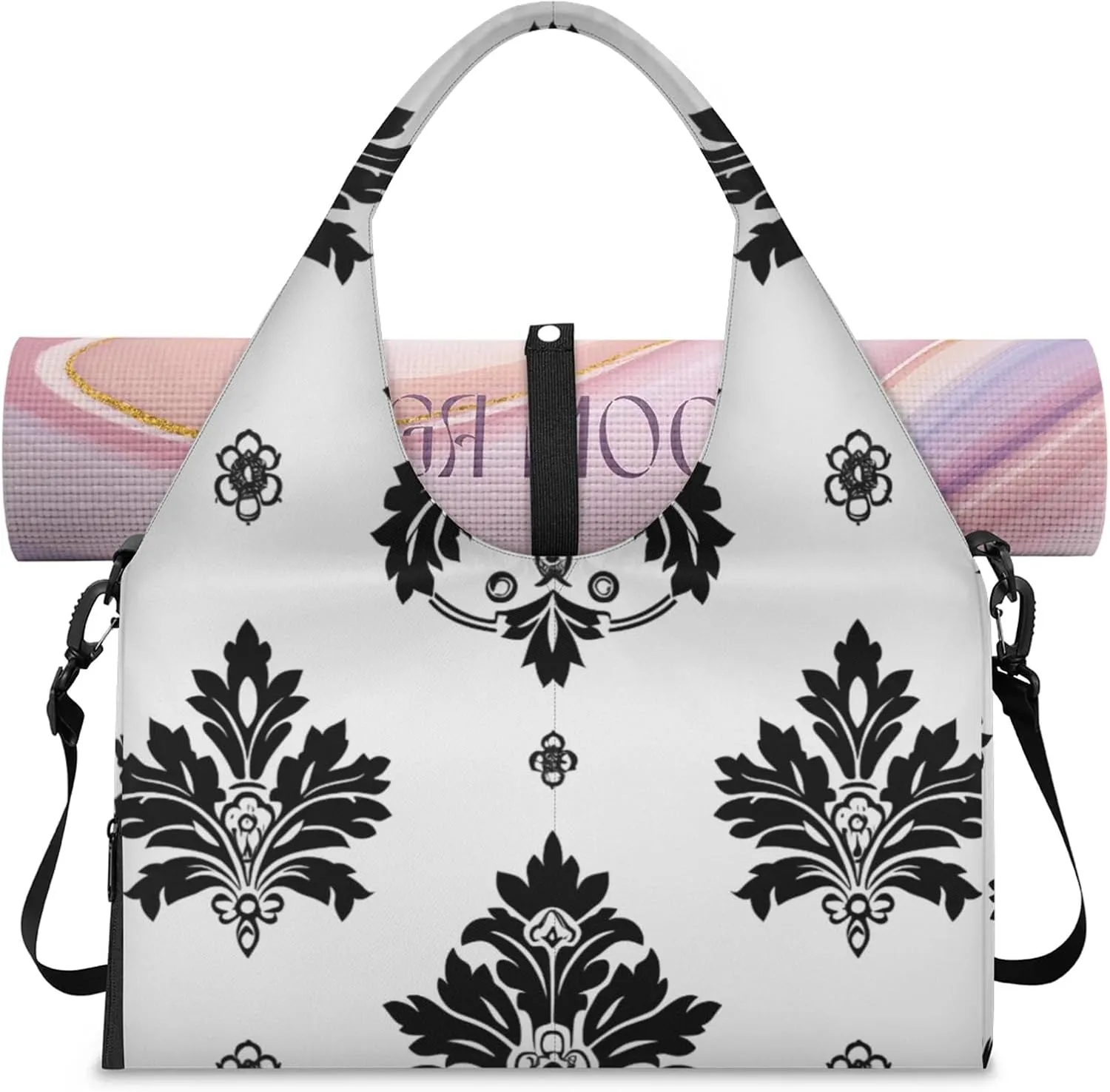 Gym Bag for Women Black Floral Duffel Bag with Shoe Compartment and Yoga Mat Holder Portable Weekender Bags Travel Tote Bags