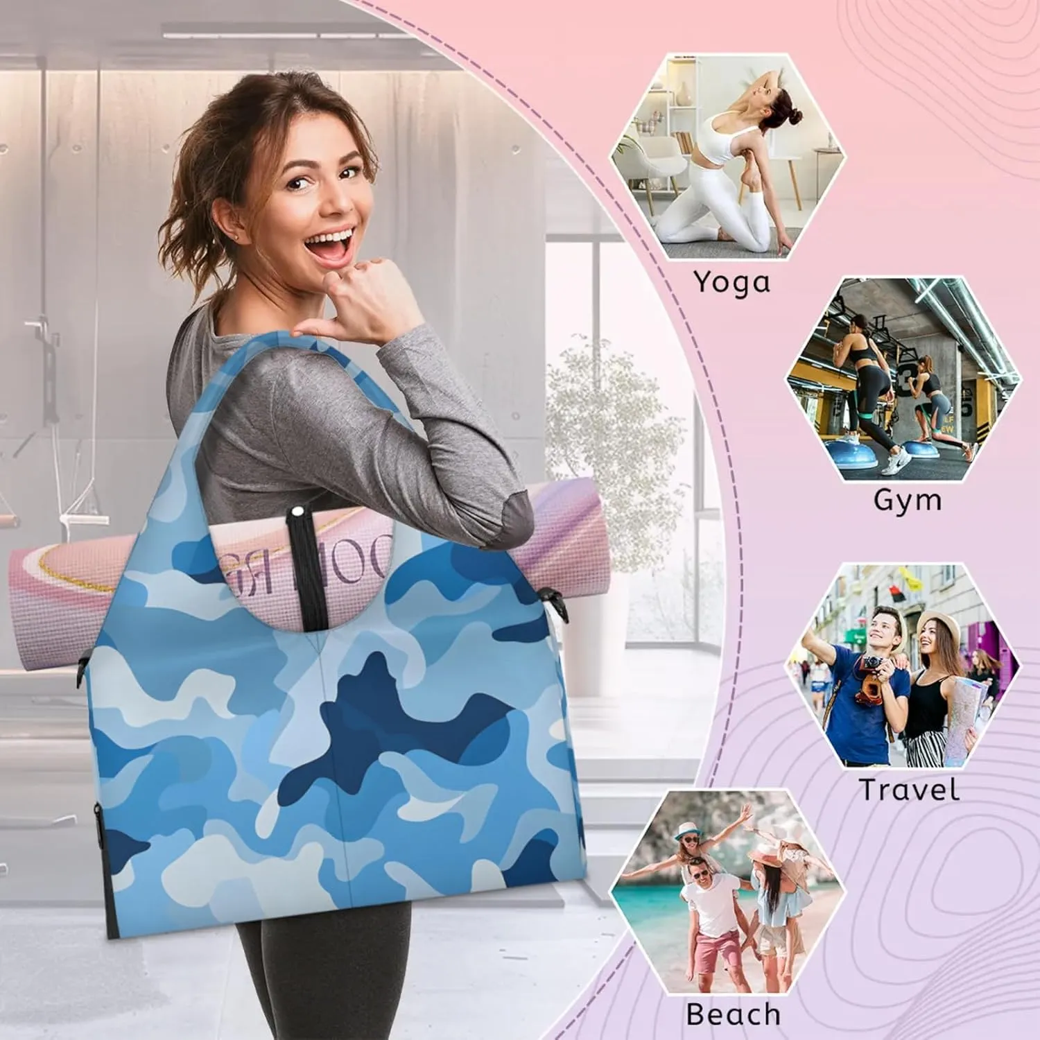 Gym Bag for Women Blue Camouflage Duffel Bag with Shoe Compartment and Yoga Mat Holder Portable Weekender Bags Travel Tote Bags
