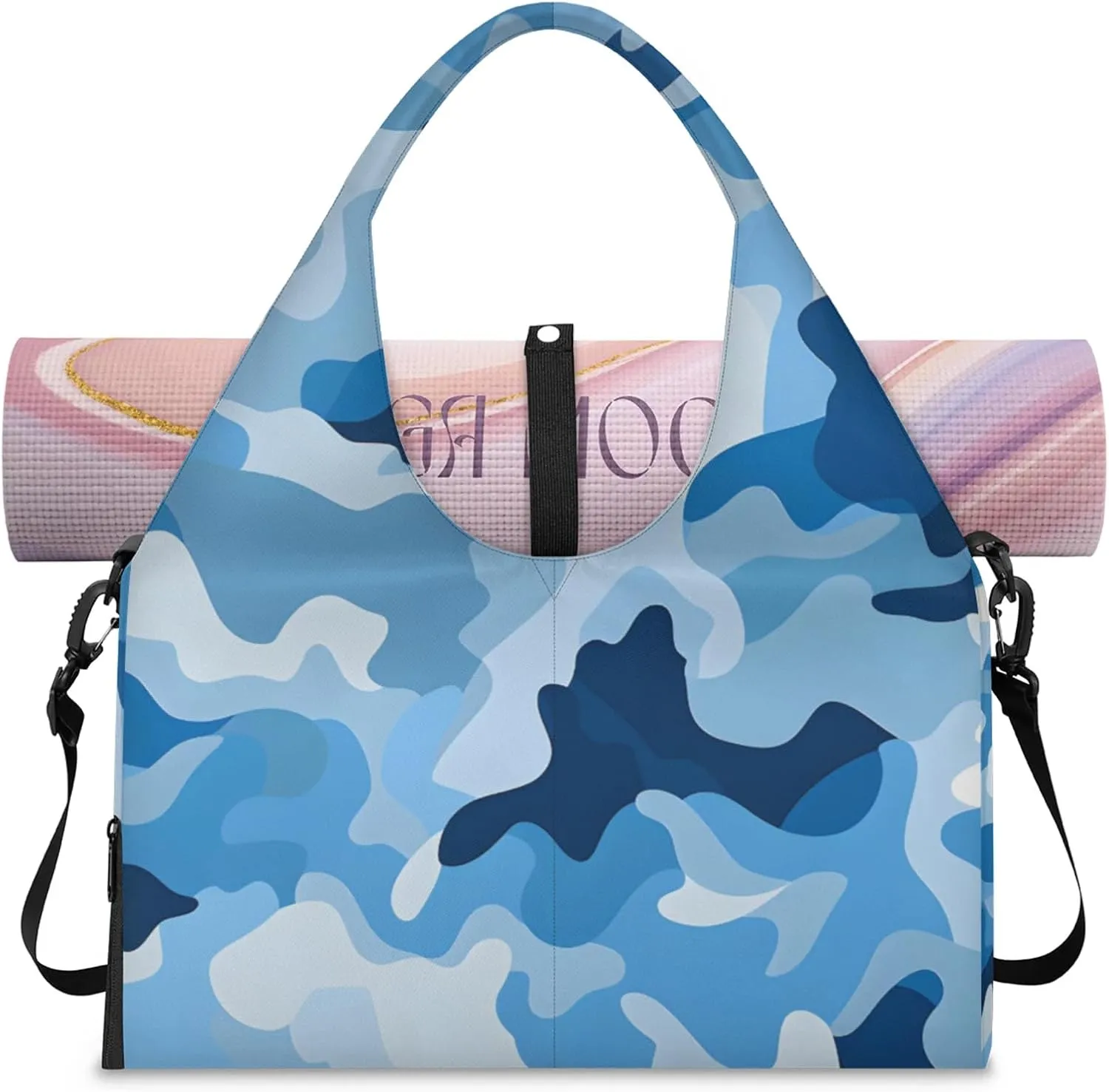 Gym Bag for Women Blue Camouflage Duffel Bag with Shoe Compartment and Yoga Mat Holder Portable Weekender Bags Travel Tote Bags