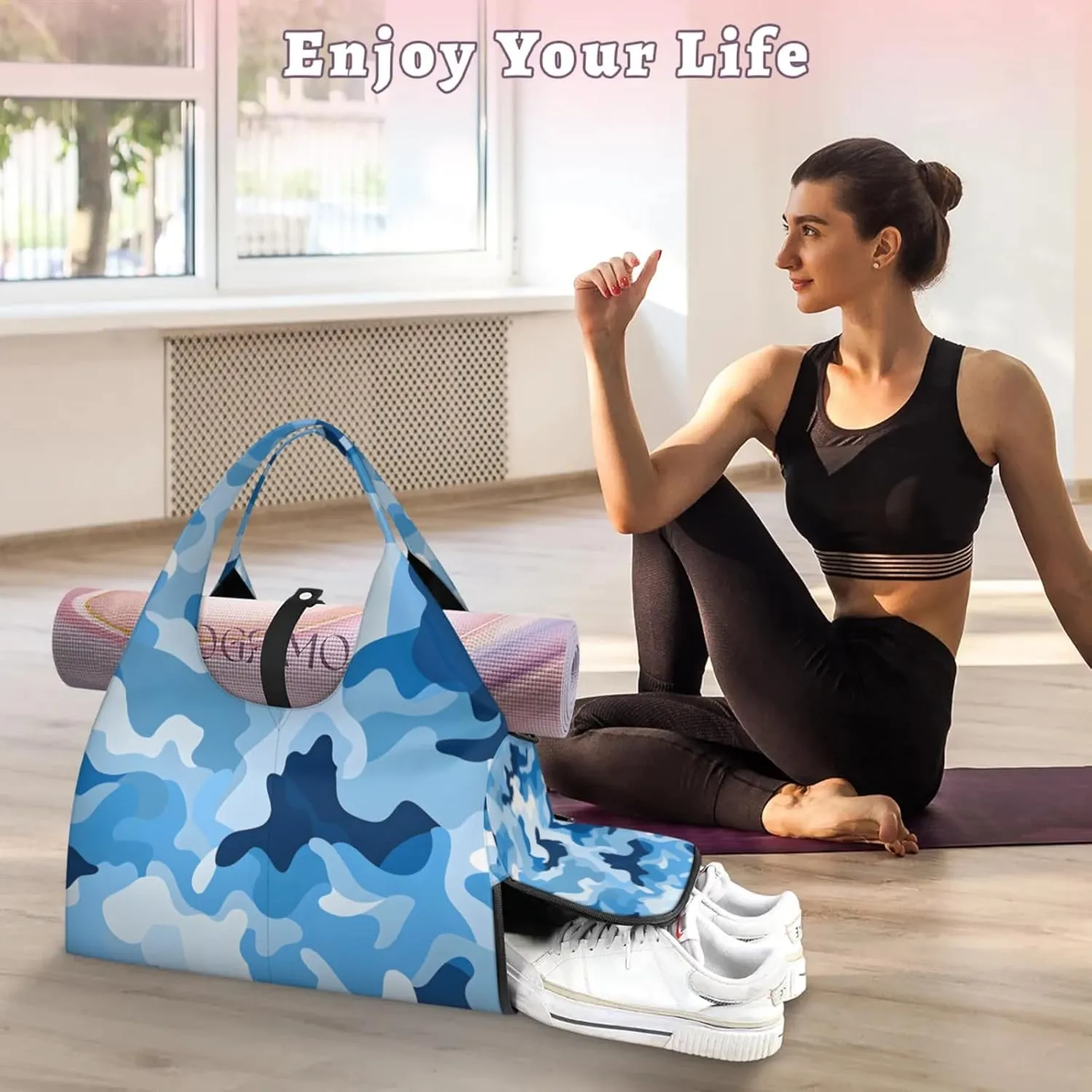 Gym Bag for Women Blue Camouflage Duffel Bag with Shoe Compartment and Yoga Mat Holder Portable Weekender Bags Travel Tote Bags