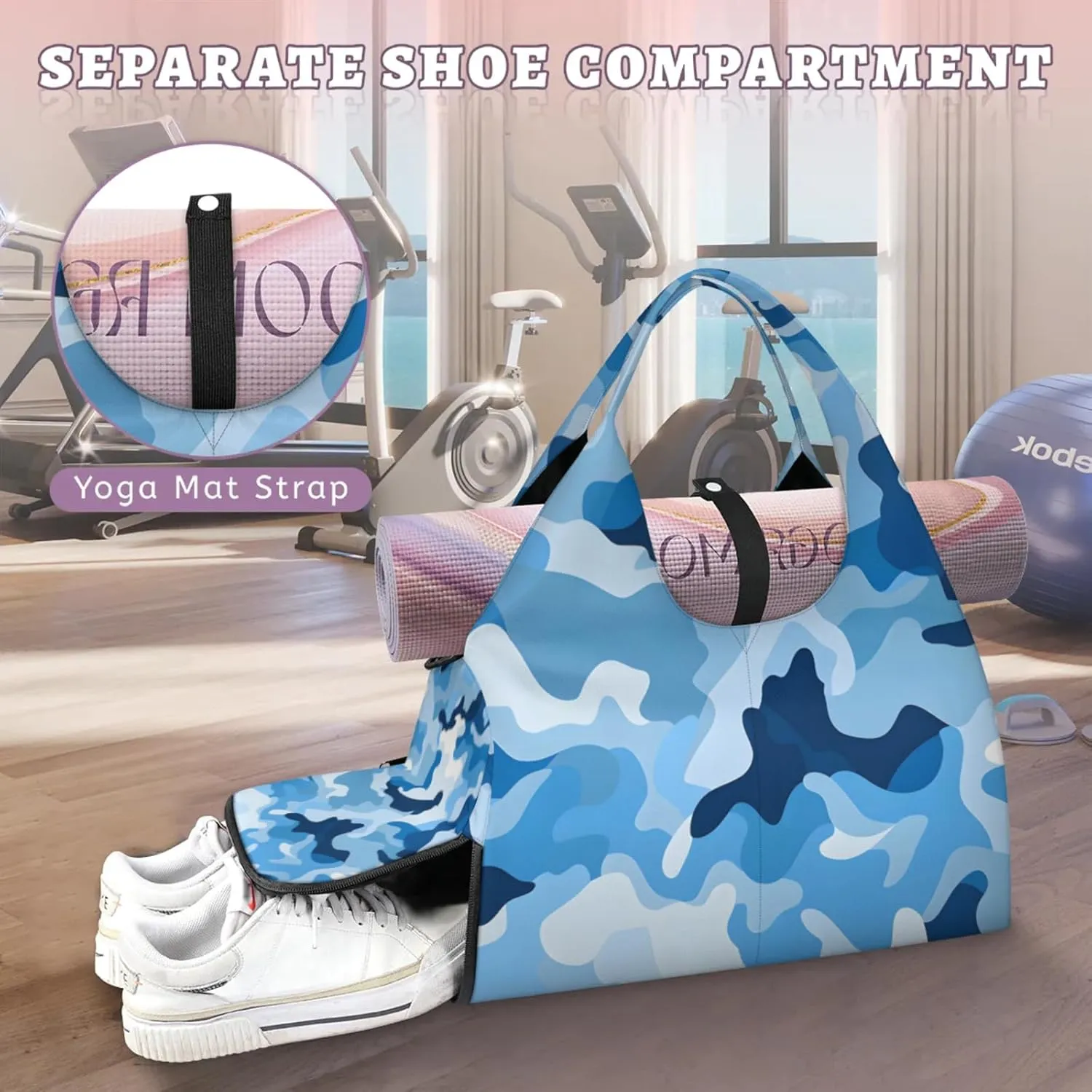 Gym Bag for Women Blue Camouflage Duffel Bag with Shoe Compartment and Yoga Mat Holder Portable Weekender Bags Travel Tote Bags