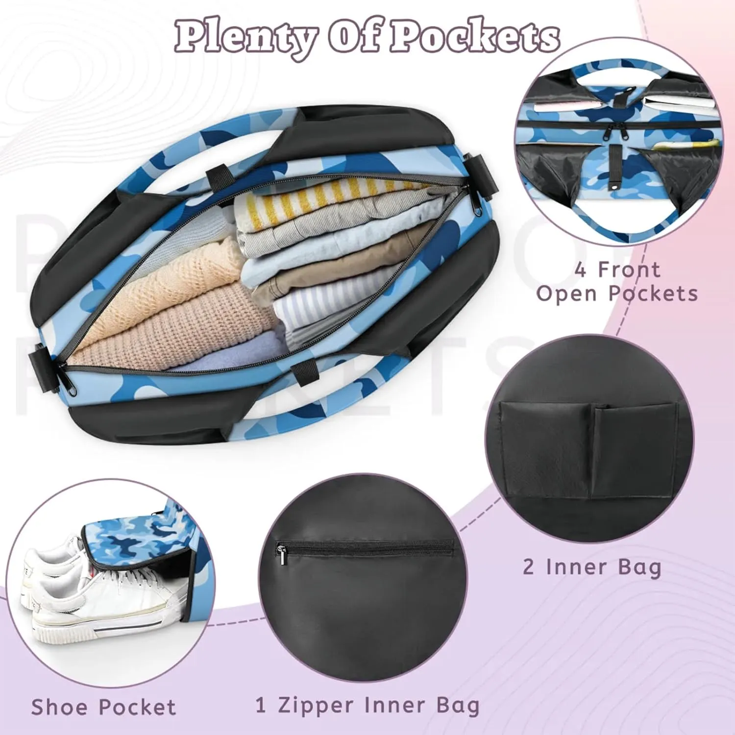 Gym Bag for Women Blue Camouflage Duffel Bag with Shoe Compartment and Yoga Mat Holder Portable Weekender Bags Travel Tote Bags
