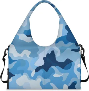 Gym Bag for Women Blue Camouflage Duffel Bag with Shoe Compartment and Yoga Mat Holder Portable Weekender Bags Travel Tote Bags