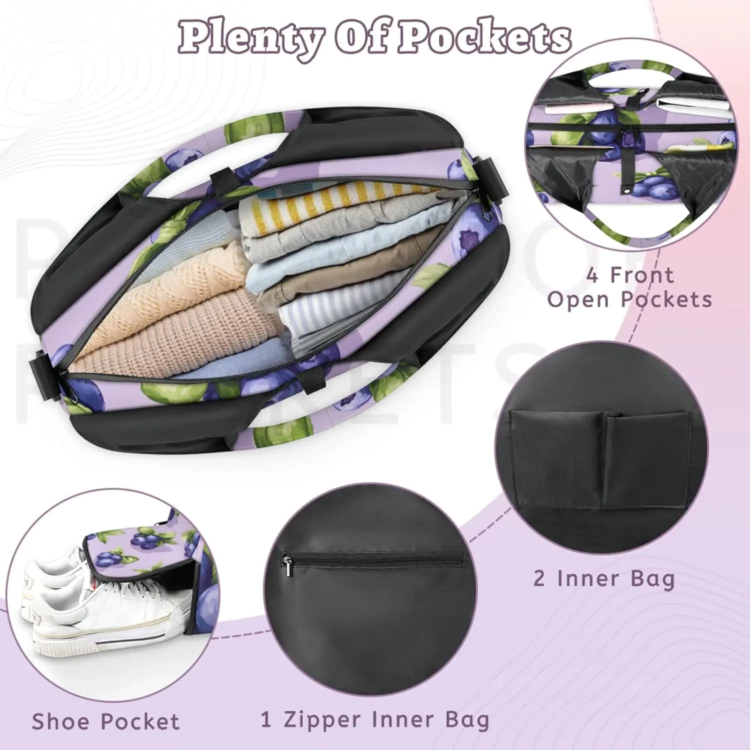 Gym Bag for Women Blueberry Fruit Theme Duffel Bag with Shoe Compartment and Yoga Mat Holder Portable Weekender Bags Travel Tote Bags
